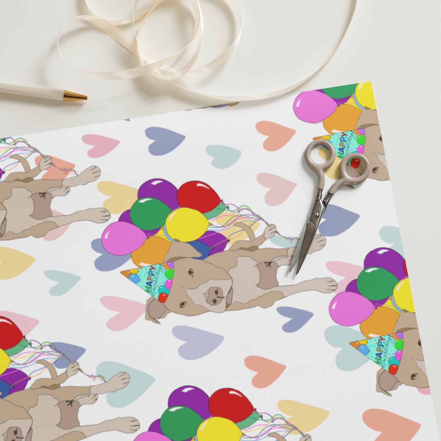Tan Pit Bull Birthday Color Hearts Background Wrapping Paper Sheets