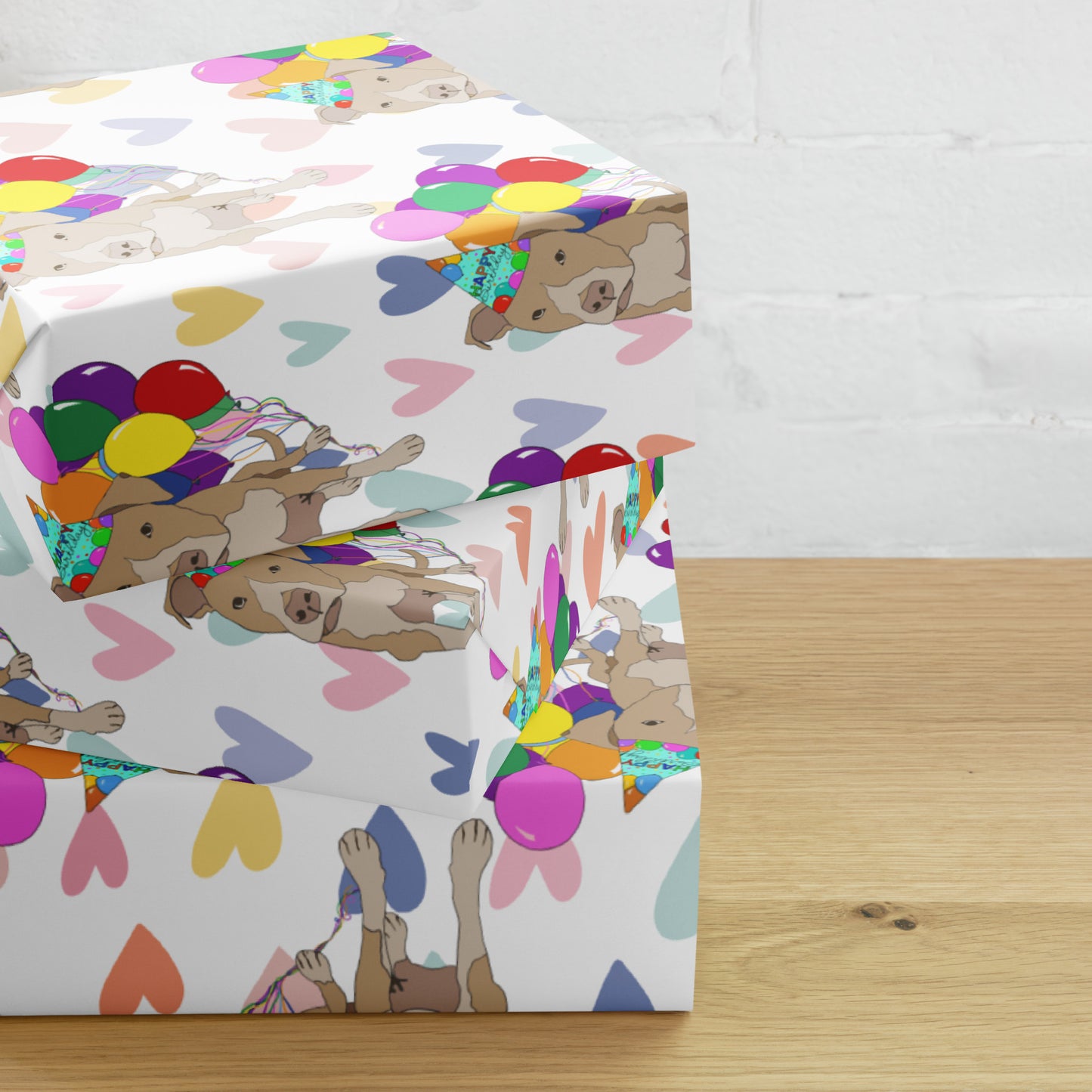 Tan Pit Bull Birthday Color Hearts Background Wrapping Paper Sheets