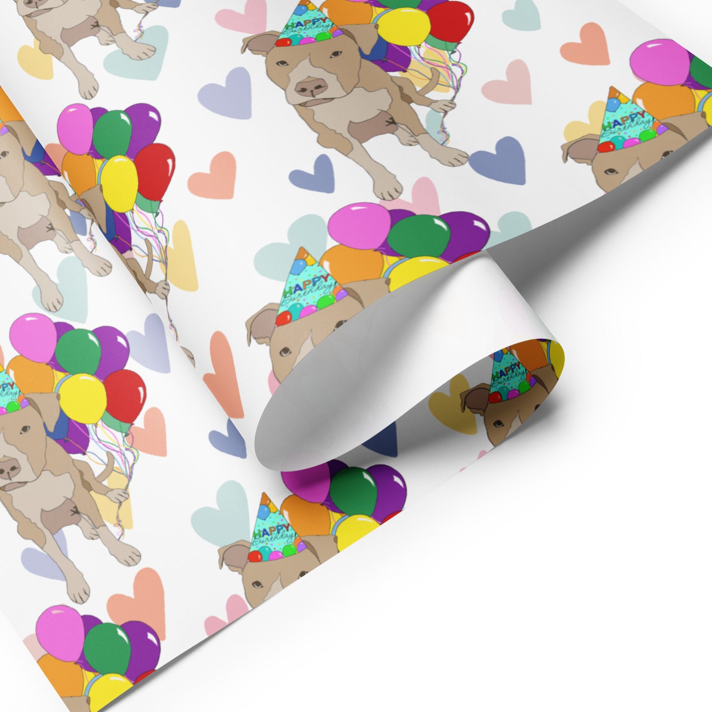 Tan Pit Bull Birthday Color Hearts Background Wrapping Paper Sheets