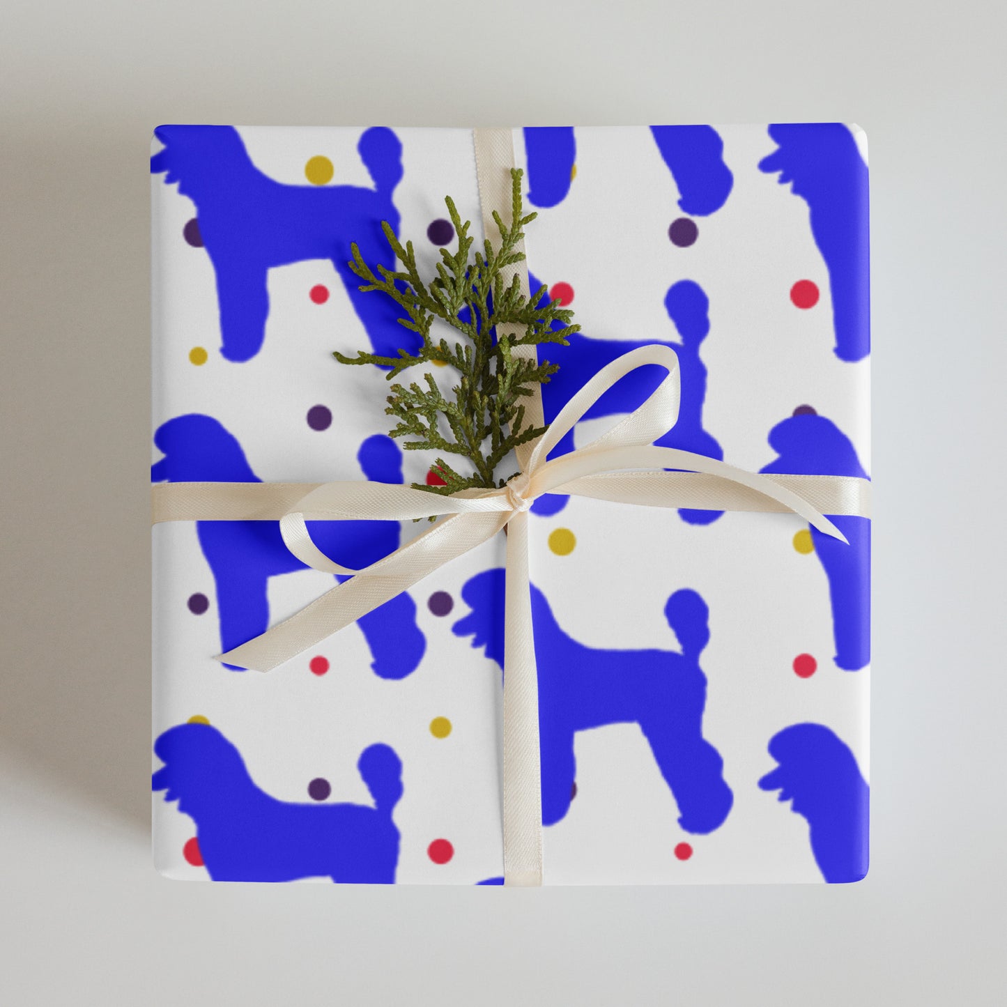 Blue Poodle on Polka Dots Background Wrapping Paper Sheets