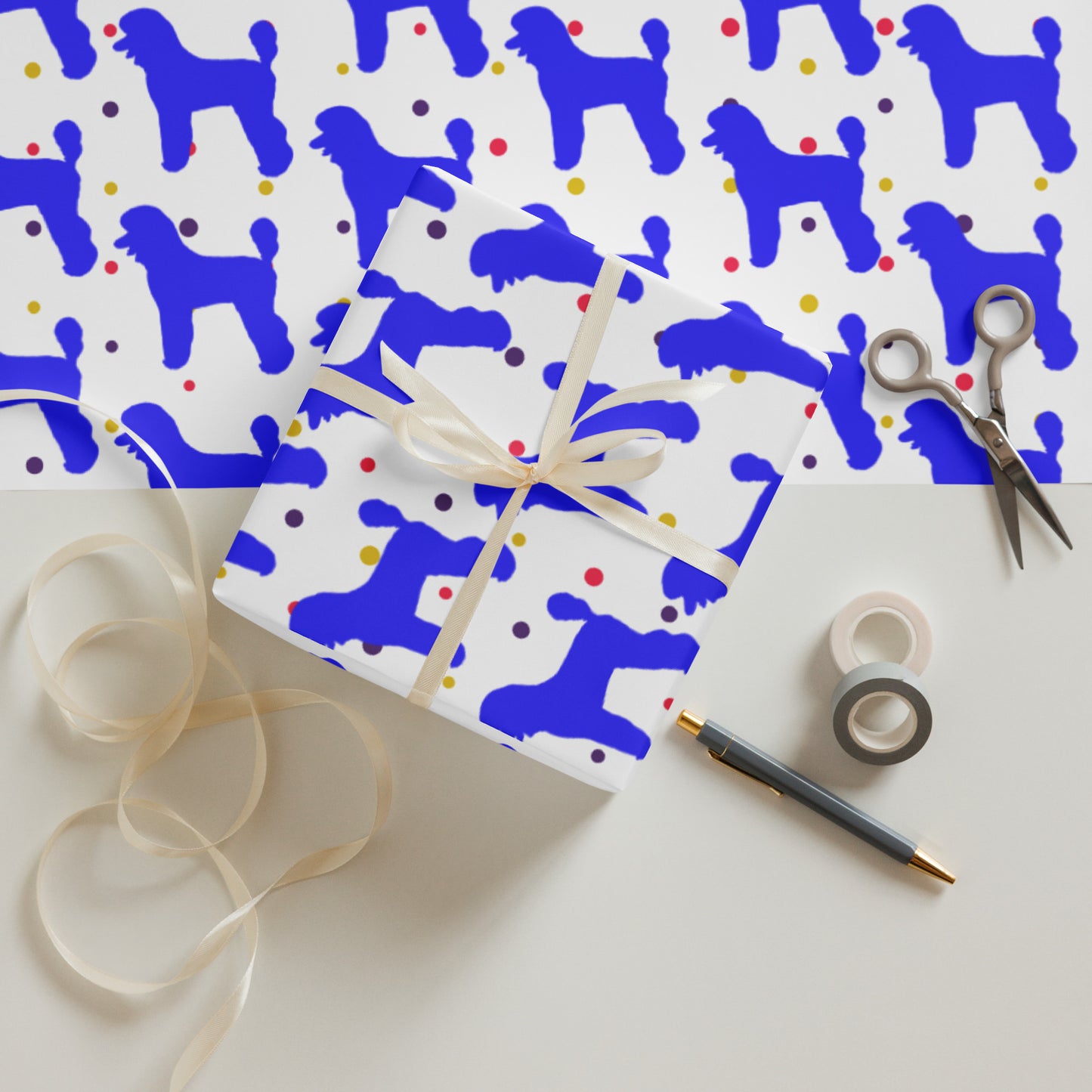 Blue Poodle on Polka Dots Background Wrapping Paper Sheets