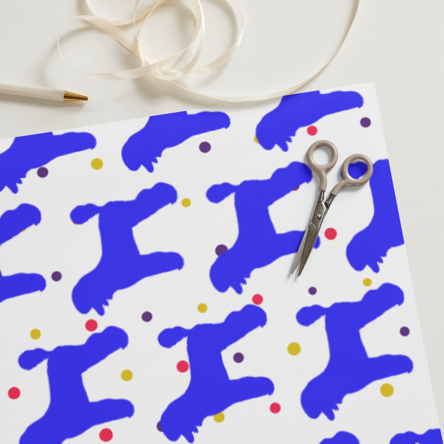 Blue Poodle on Polka Dots Background Wrapping Paper Sheets
