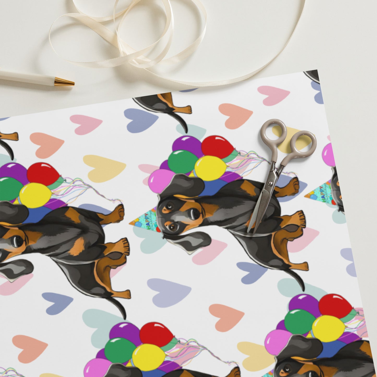 Dachshund Birthday Color Hearts Wrapping Paper Sheets