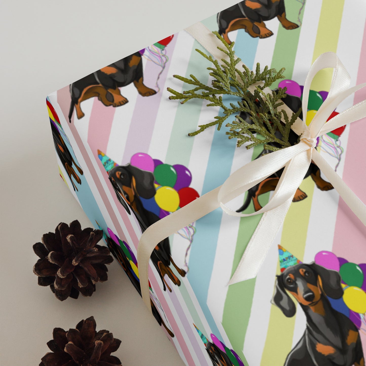 Dachshund Birthday Diagonal Color Stripes Wrapping Paper sheet