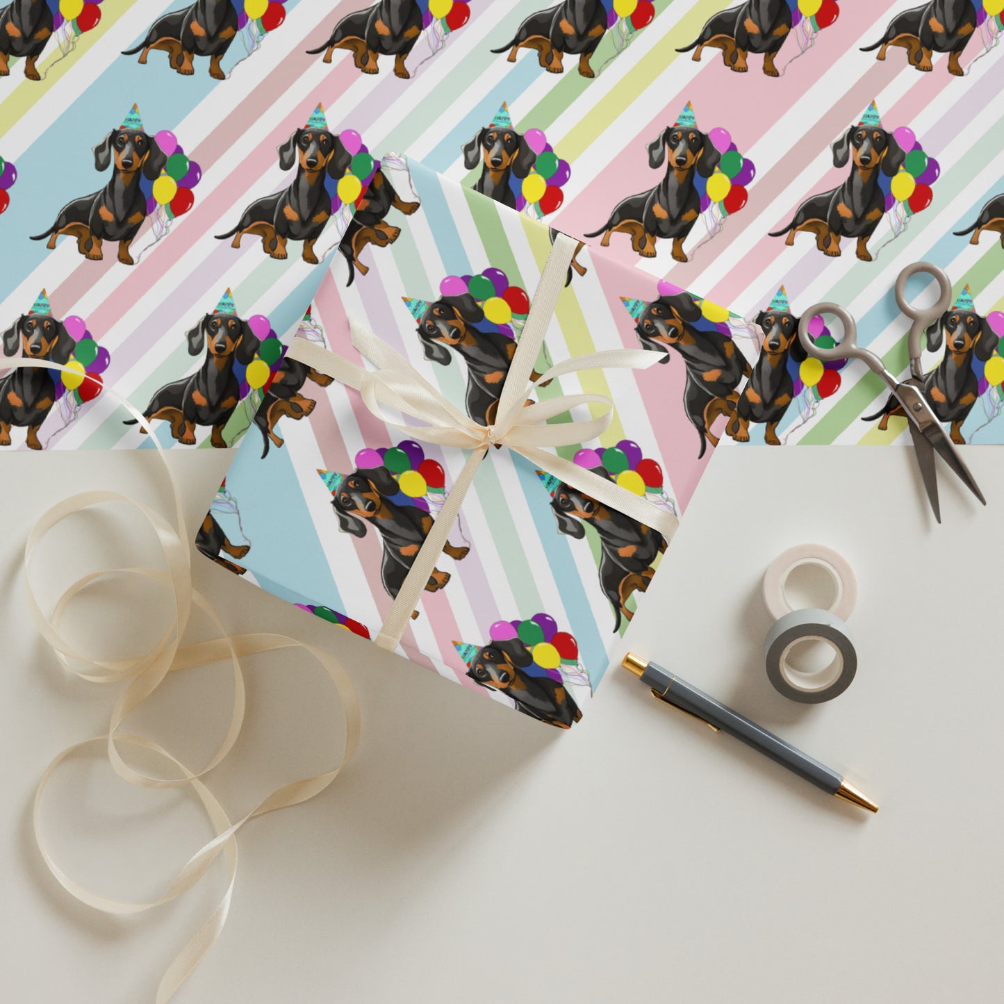 Dachshund Birthday Diagonal Color Stripes Wrapping Paper sheet