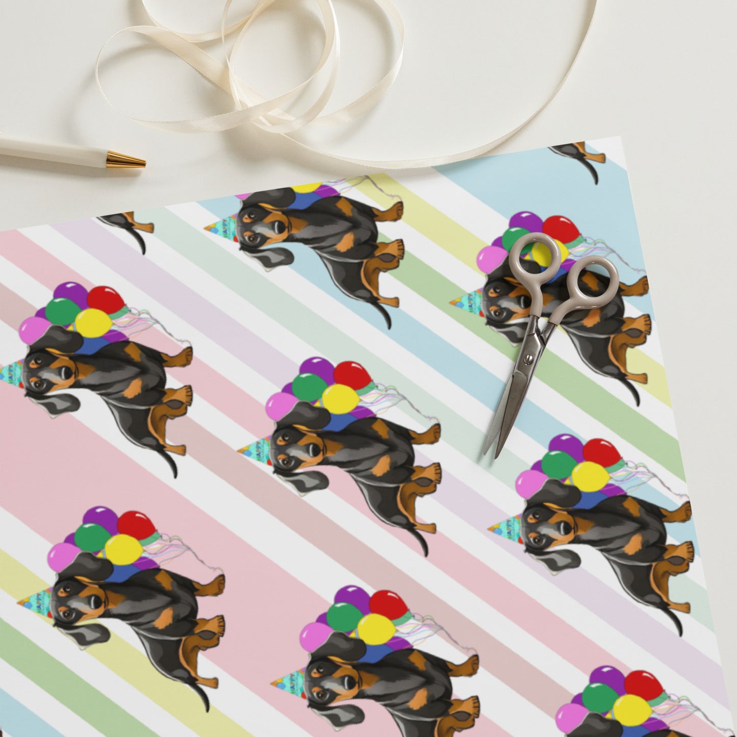 Dachshund Birthday Diagonal Color Stripes Wrapping Paper sheet
