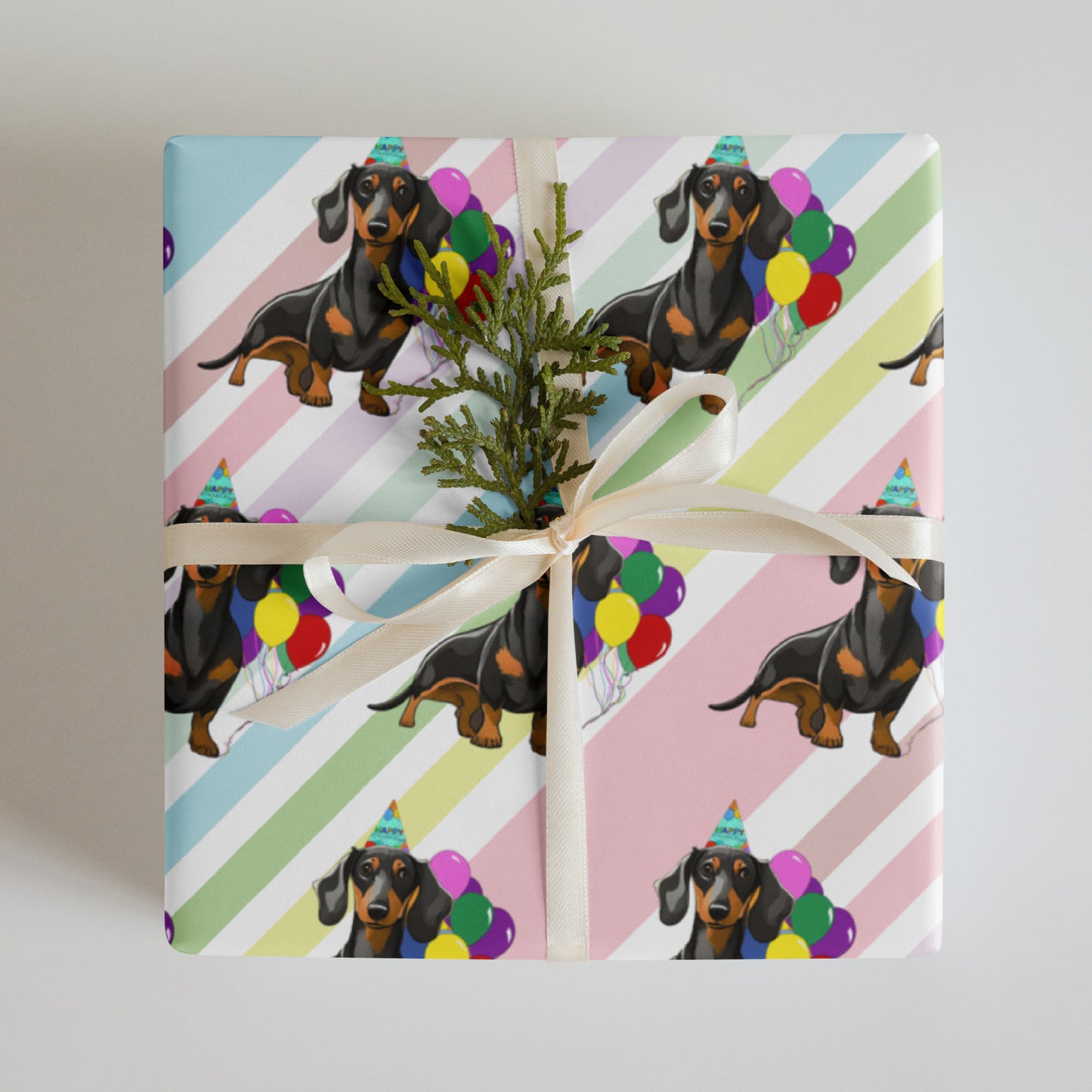 Dachshund Birthday Diagonal Color Stripes Wrapping Paper sheet