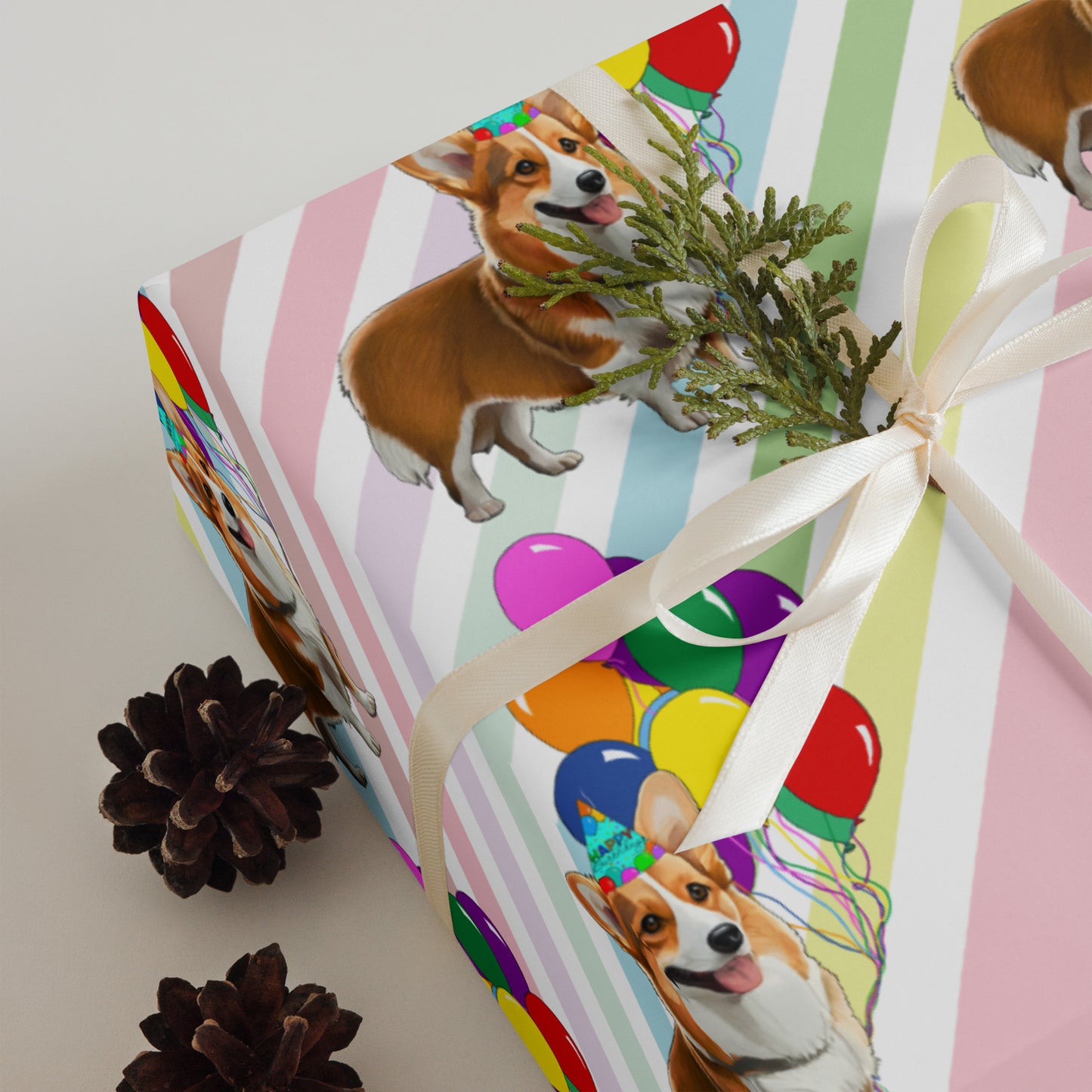 Corgi Birthday Diagonal Stripe Wrapping Paper Sheets