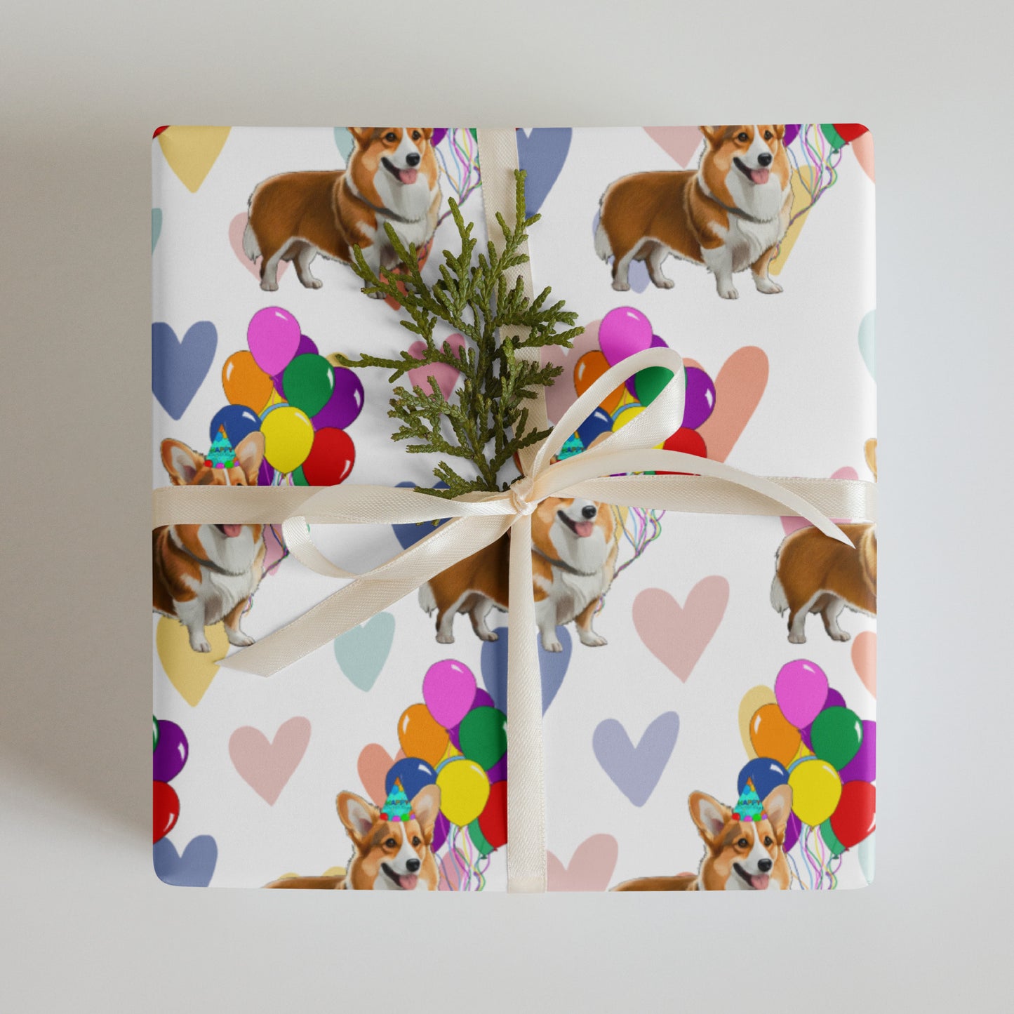 Corgi Birthday Color Hearts Wrapping PaperSheets