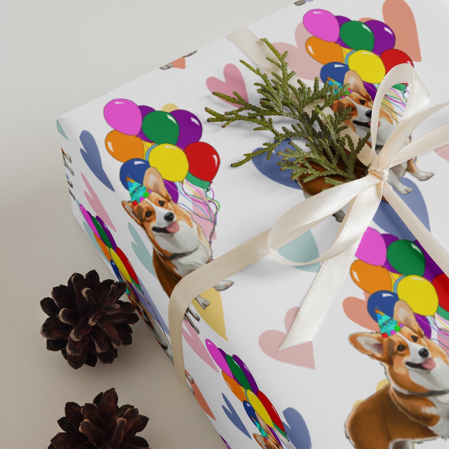 Corgi Birthday Color Hearts Wrapping PaperSheets