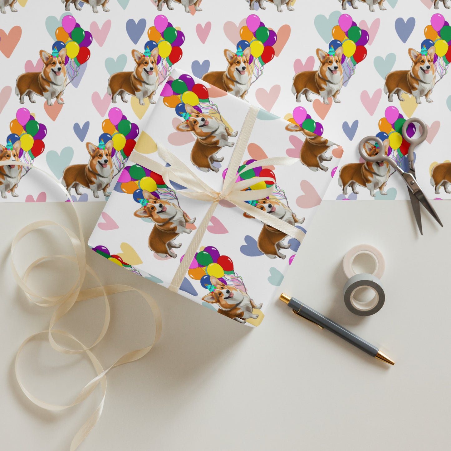 Corgi Birthday Color Hearts Wrapping PaperSheets