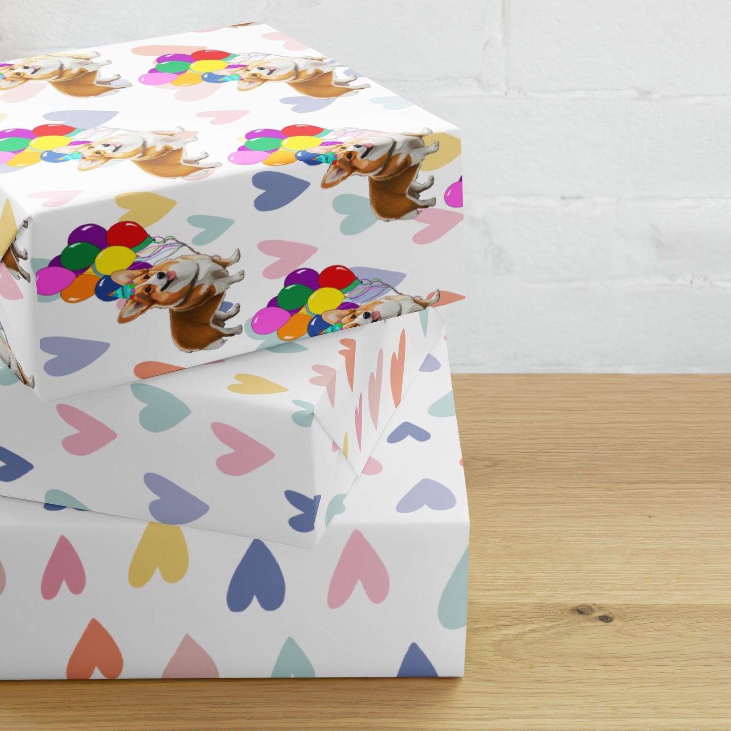 Corgi Birthday Color Hearts Wrapping PaperSheets