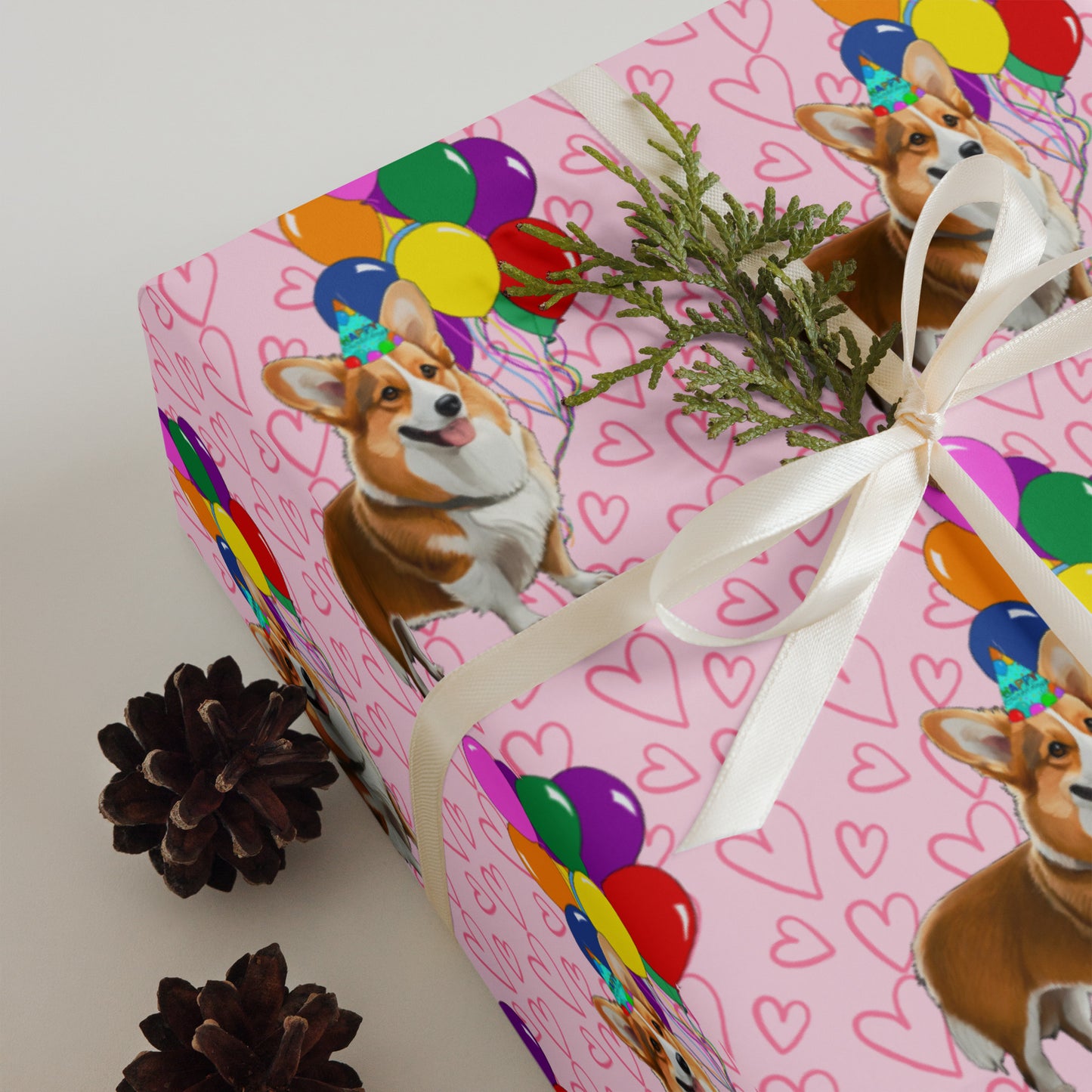 Corgi Birthday Pink Color Hearts Wrapping Paper - Sheets