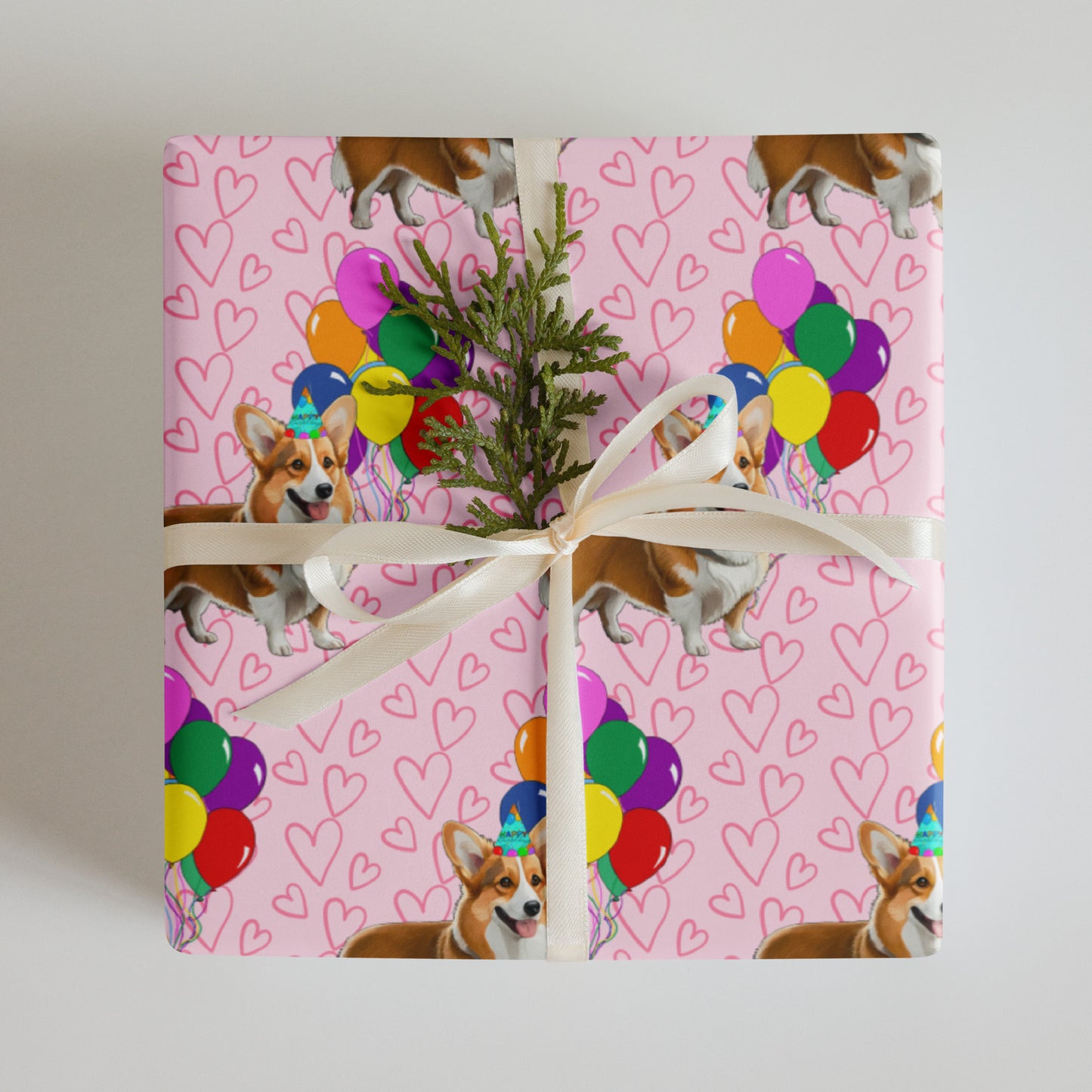 Corgi Birthday Pink Color Hearts Wrapping Paper - Sheets