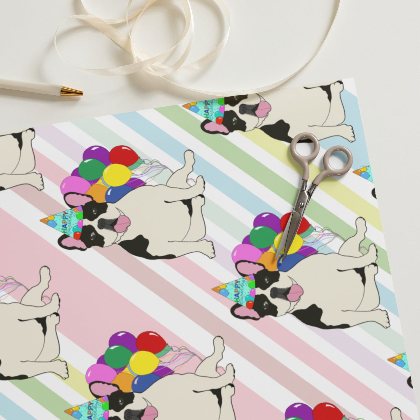 French Bulldog Birthday (Black Pied) Color Diagonal Background Wrapping Paper Sheets