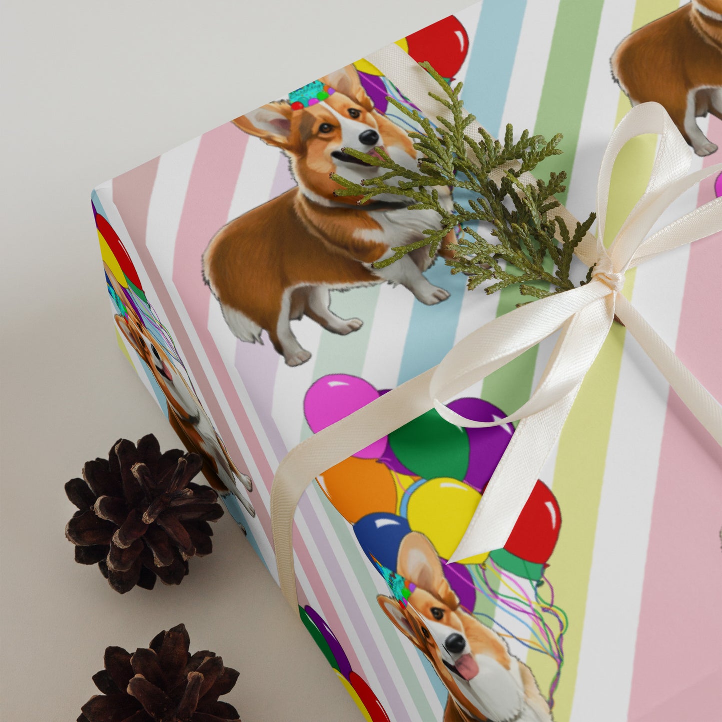 Corgi Birthday Diagonal Stripe Wrapping Paper Sheets