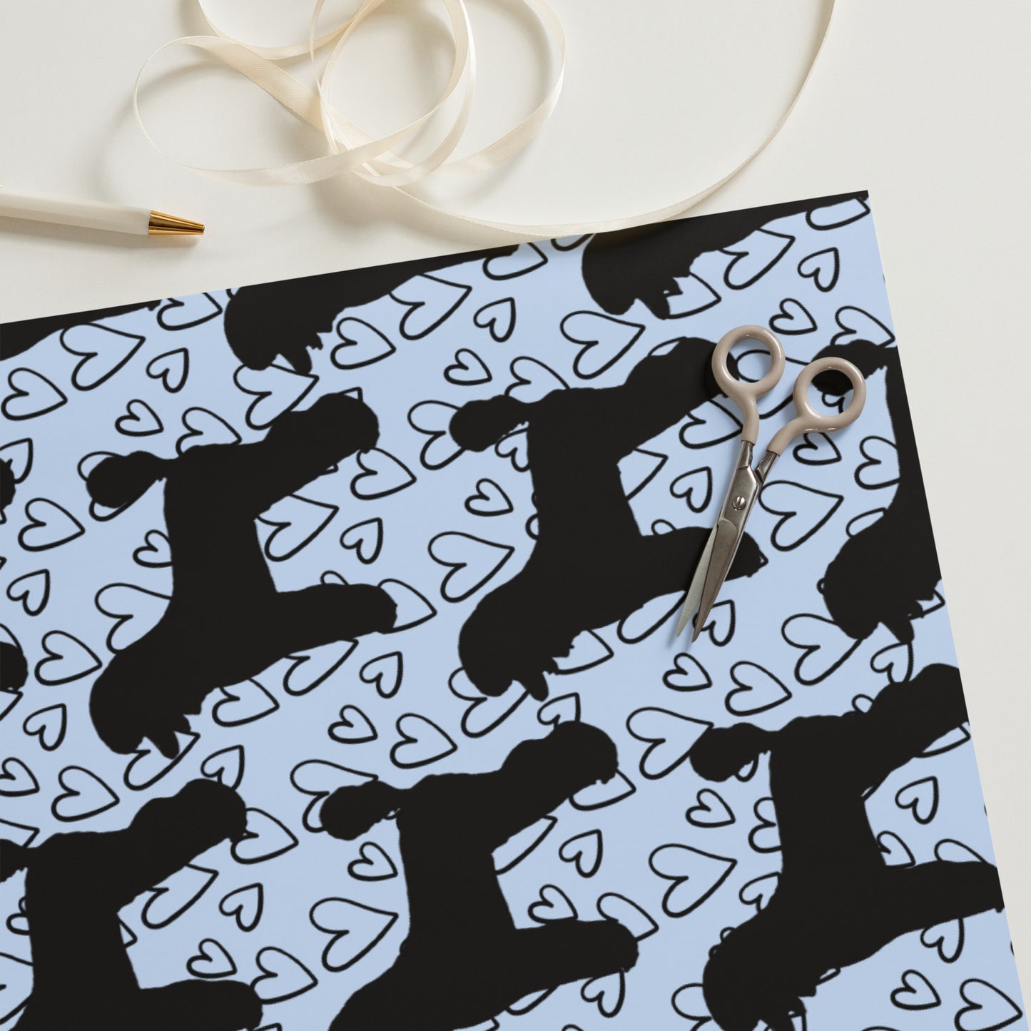 Black Poodle on Blue with Hearts Background Wrapping Paper Sheets