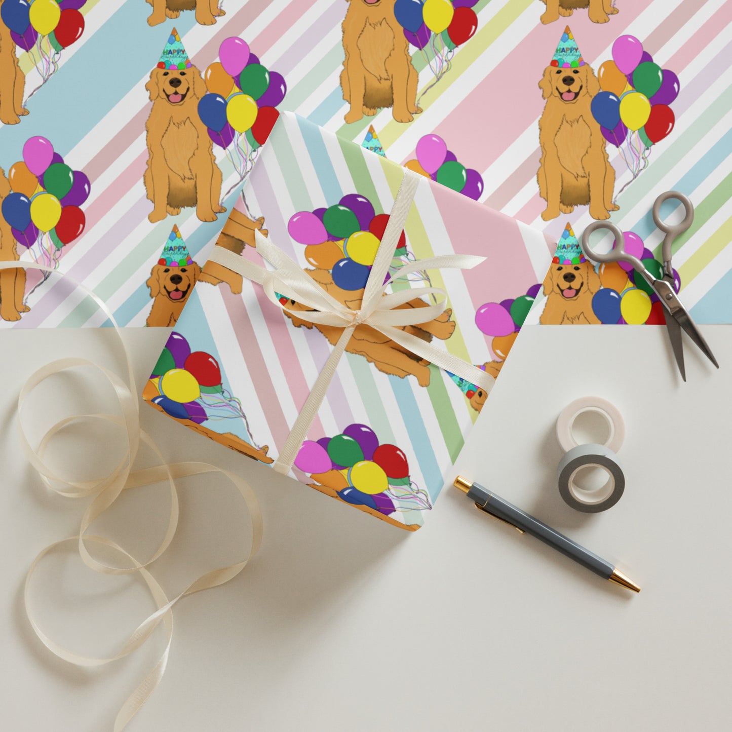Golden Retriever  White Diagonal Stripe Background Wrapping Paper Sheets