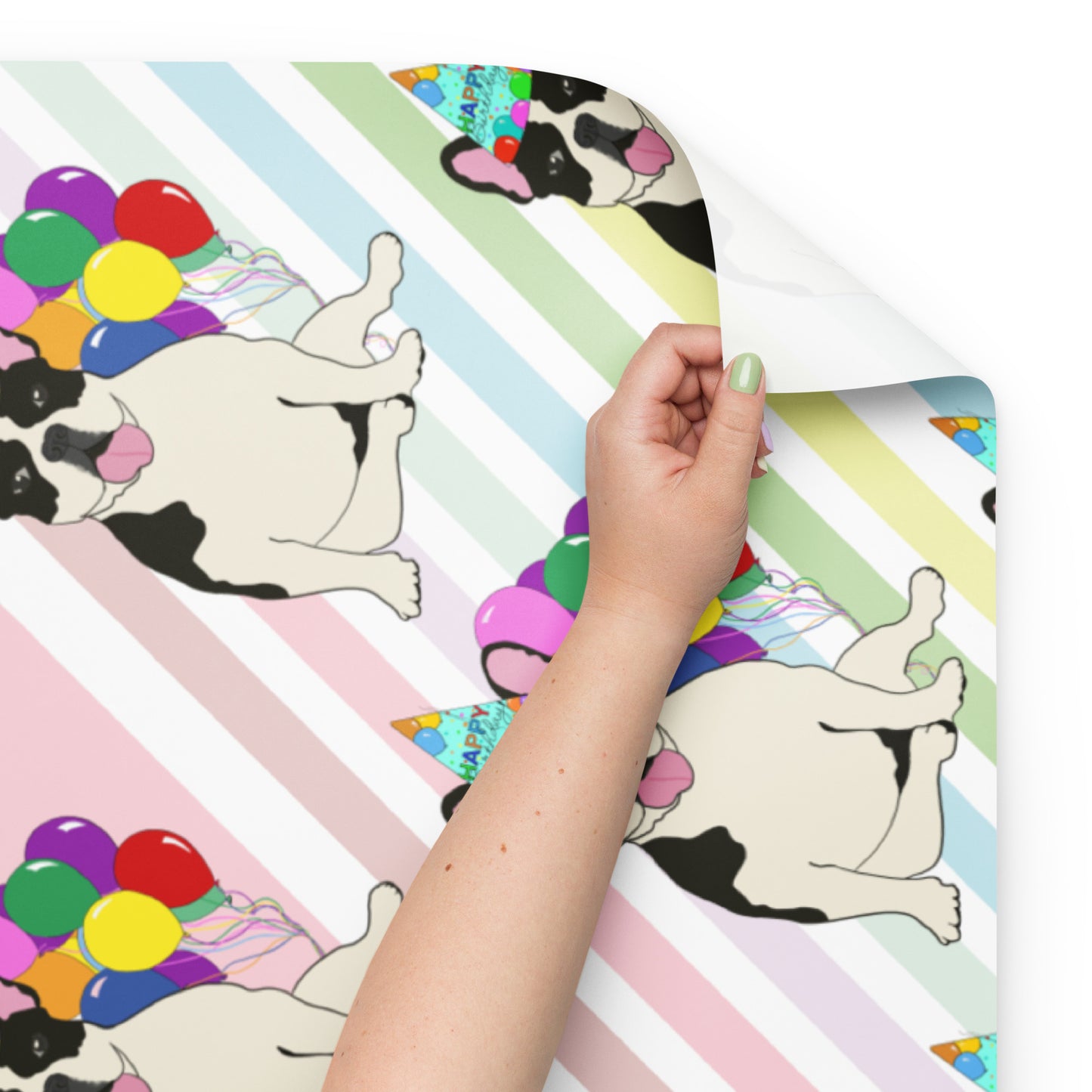 French Bulldog Birthday (Black Pied) Color Diagonal Background Wrapping Paper Sheets