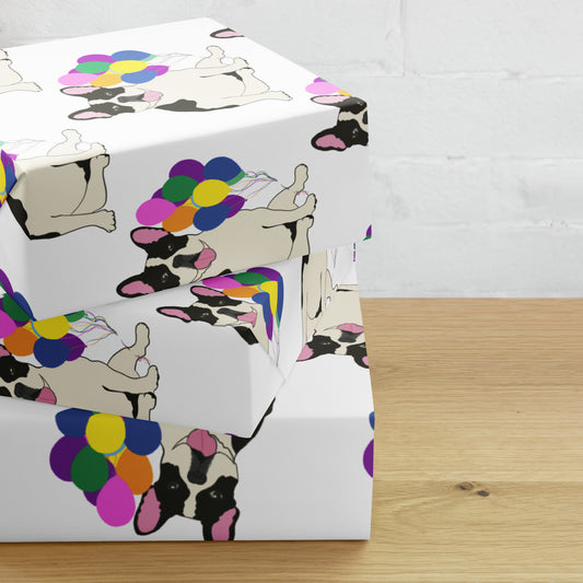 French Bulldog Birthday (Black Pied) White Backgound Wrapping Paper Sheets