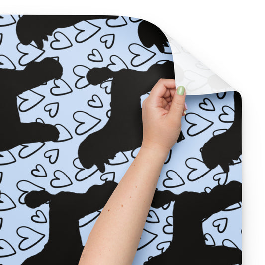 Black Poodle on Blue with Hearts Background Wrapping Paper Sheets