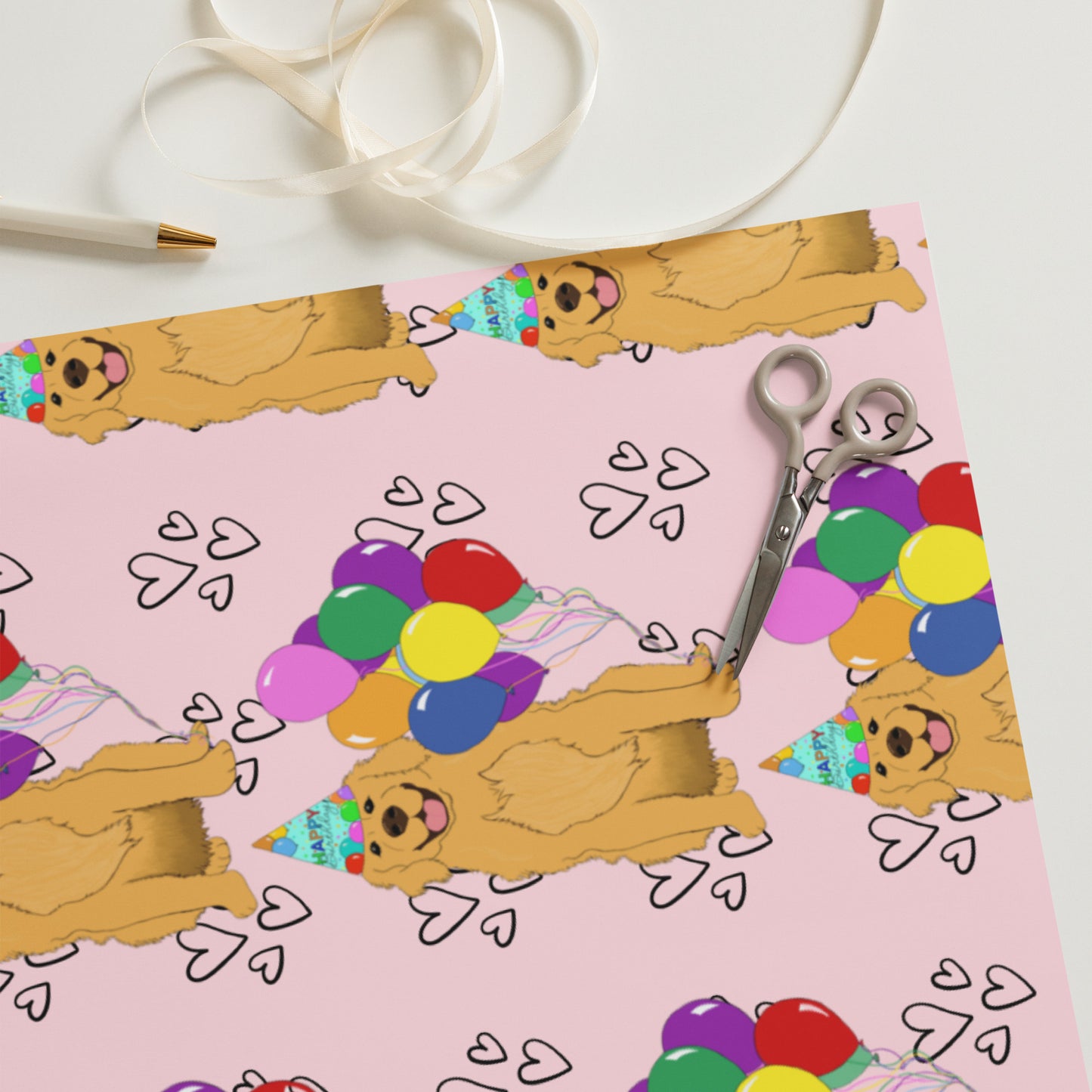 Golden Retriever Birthday Pink Heart Background Wrapping Paper Sheets