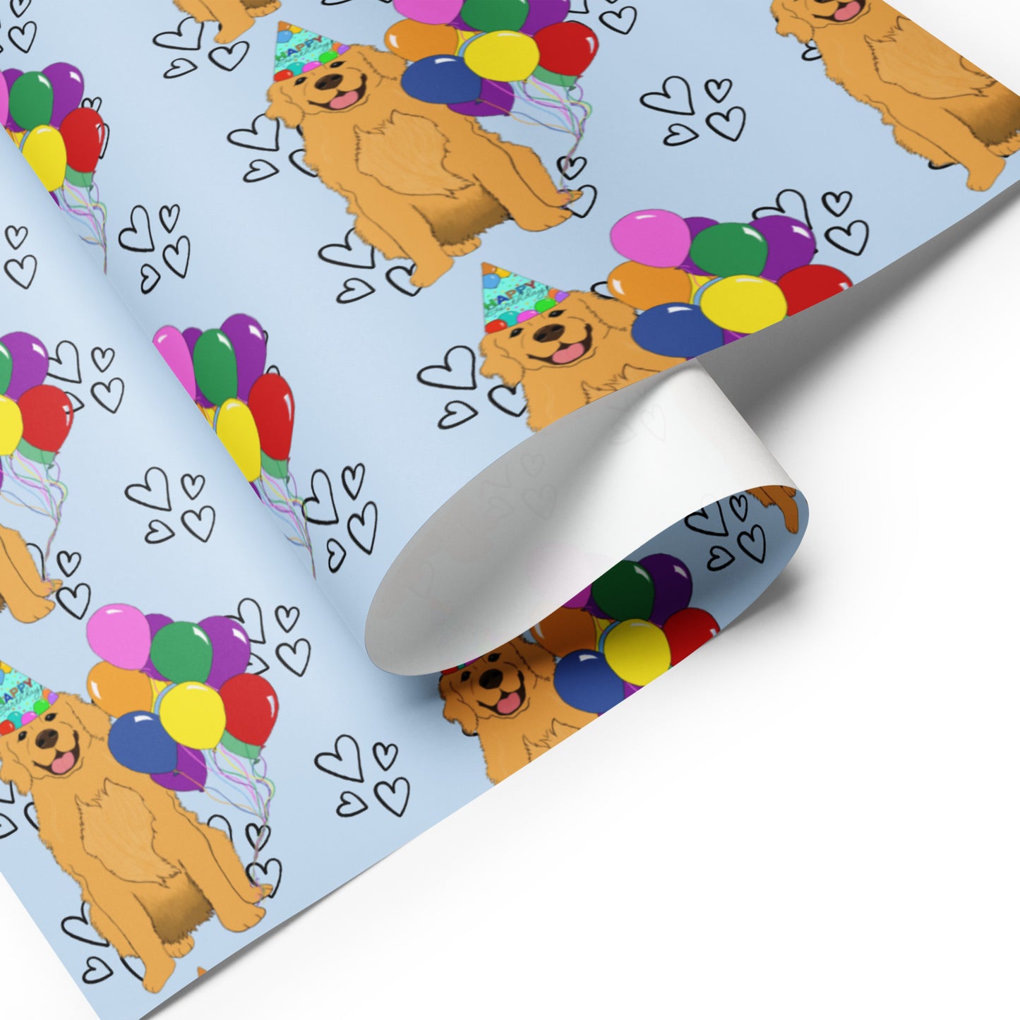Golden Retriever Birthday Blue Heart Background Wrapping Paper Sheets