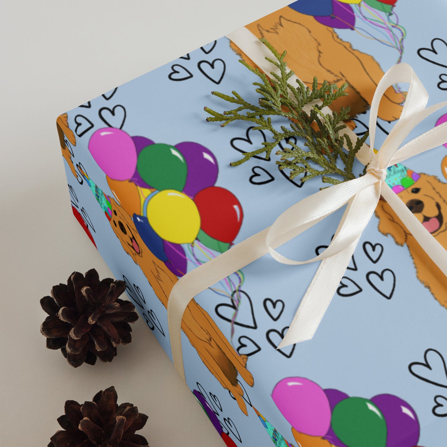 Golden Retriever Birthday Blue Heart Background Wrapping Paper Sheets