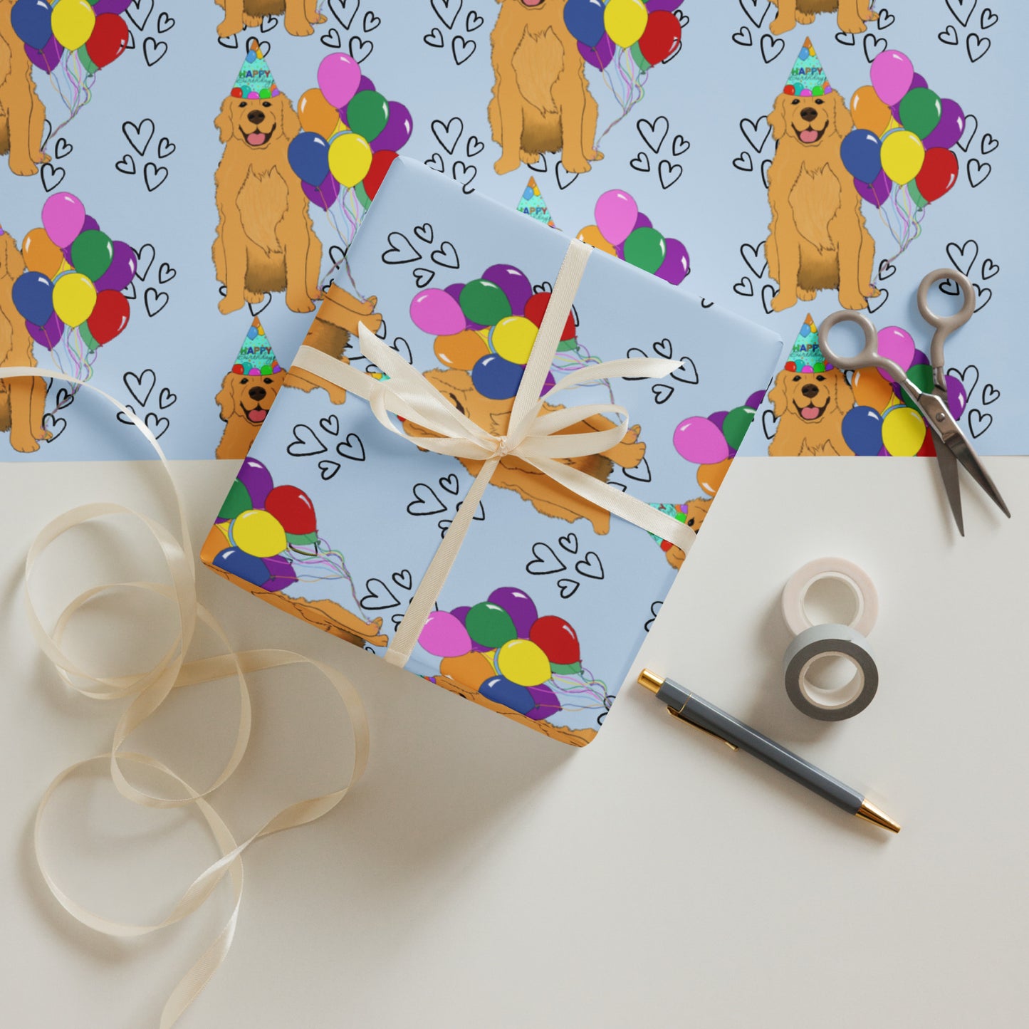 Golden Retriever Birthday Blue Heart Background Wrapping Paper Sheets