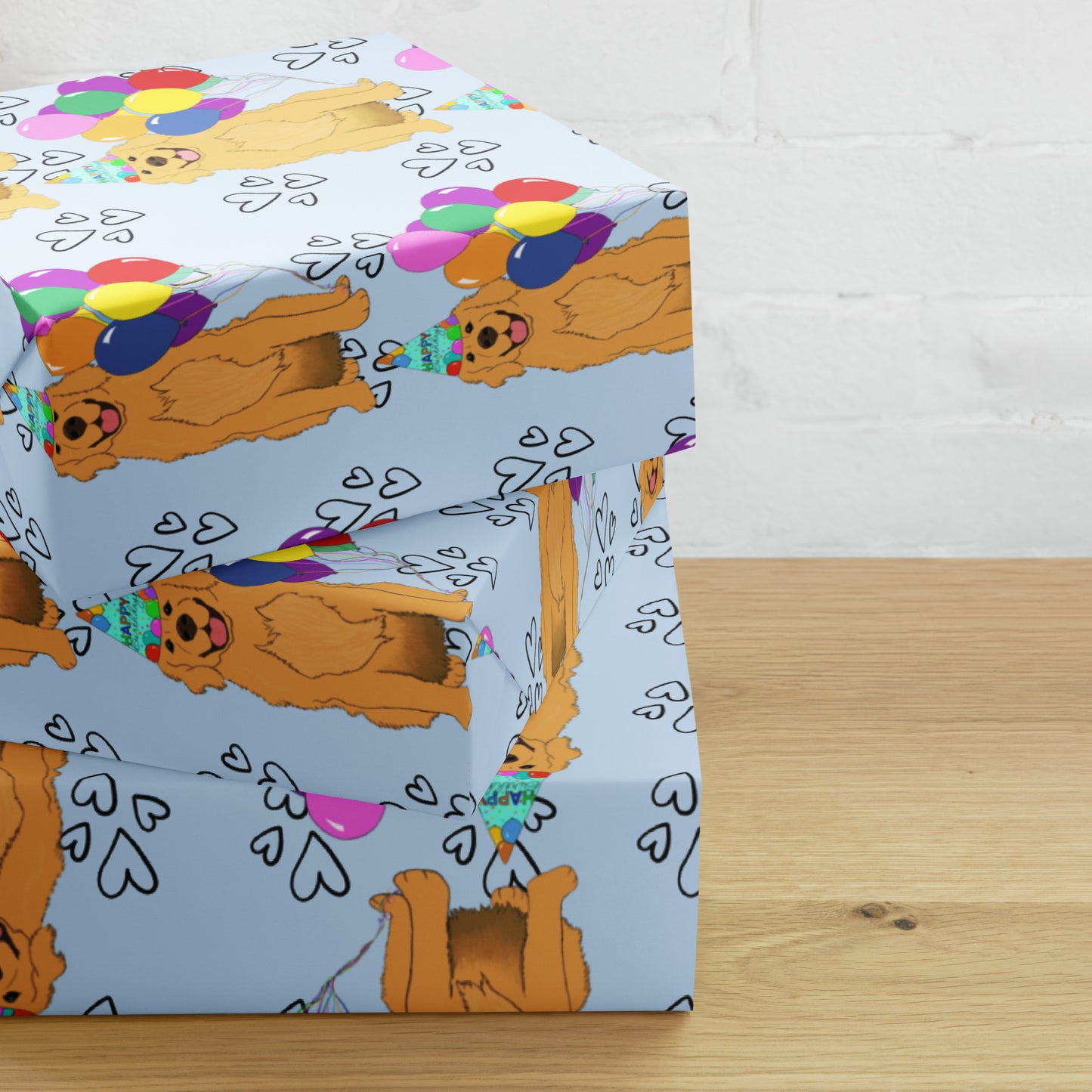Golden Retriever Birthday Blue Heart Background Wrapping Paper Sheets