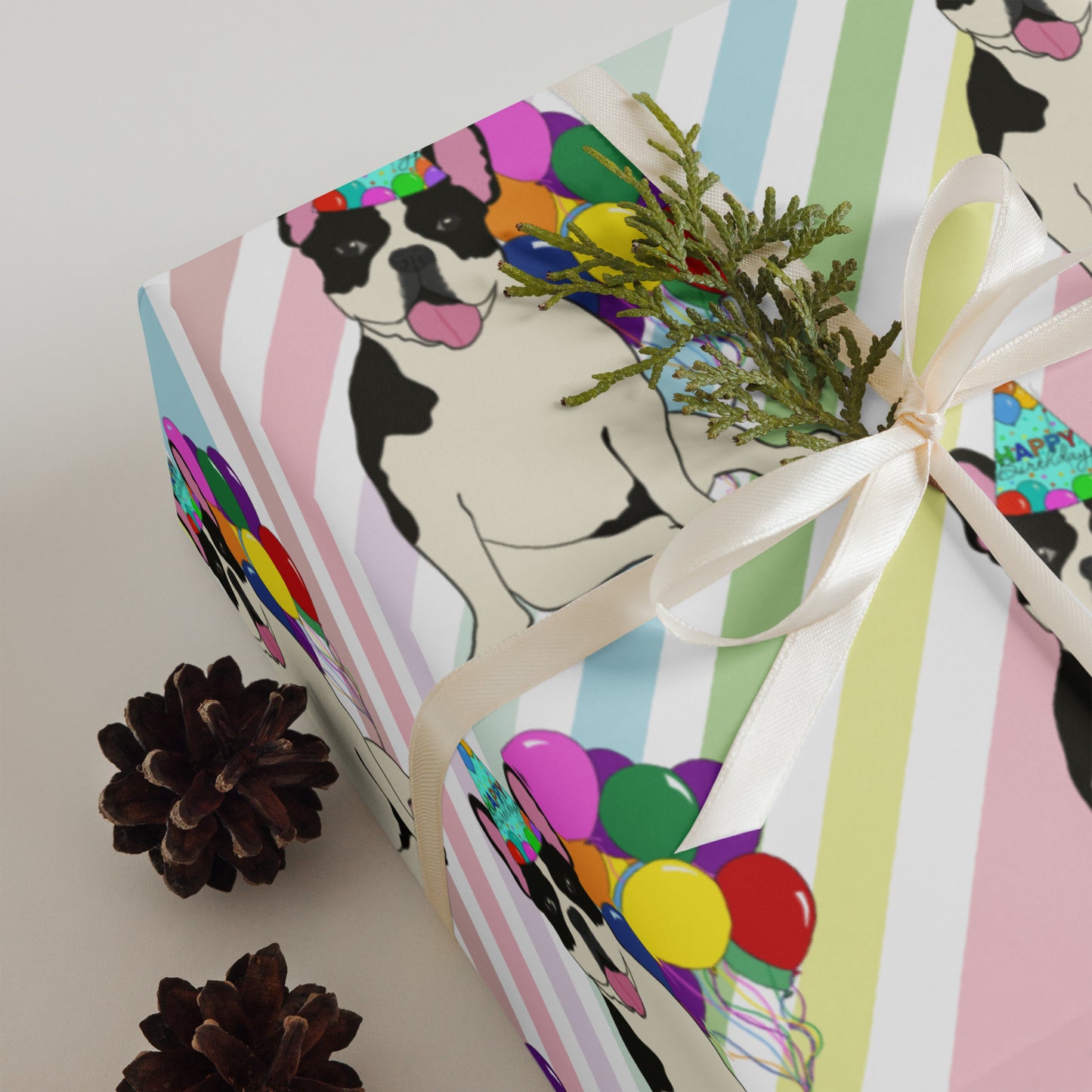 French Bulldog Birthday (Black Pied) Color Diagonal Background Wrapping Paper Sheets