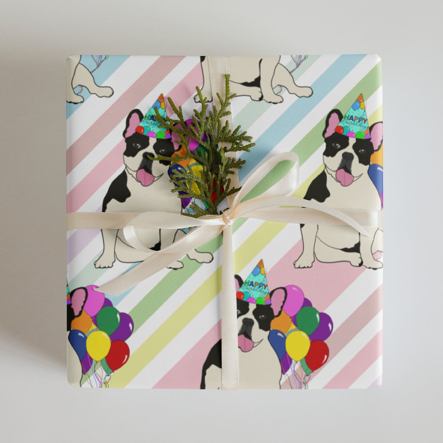 French Bulldog Birthday (Black Pied) Color Diagonal Background Wrapping Paper Sheets