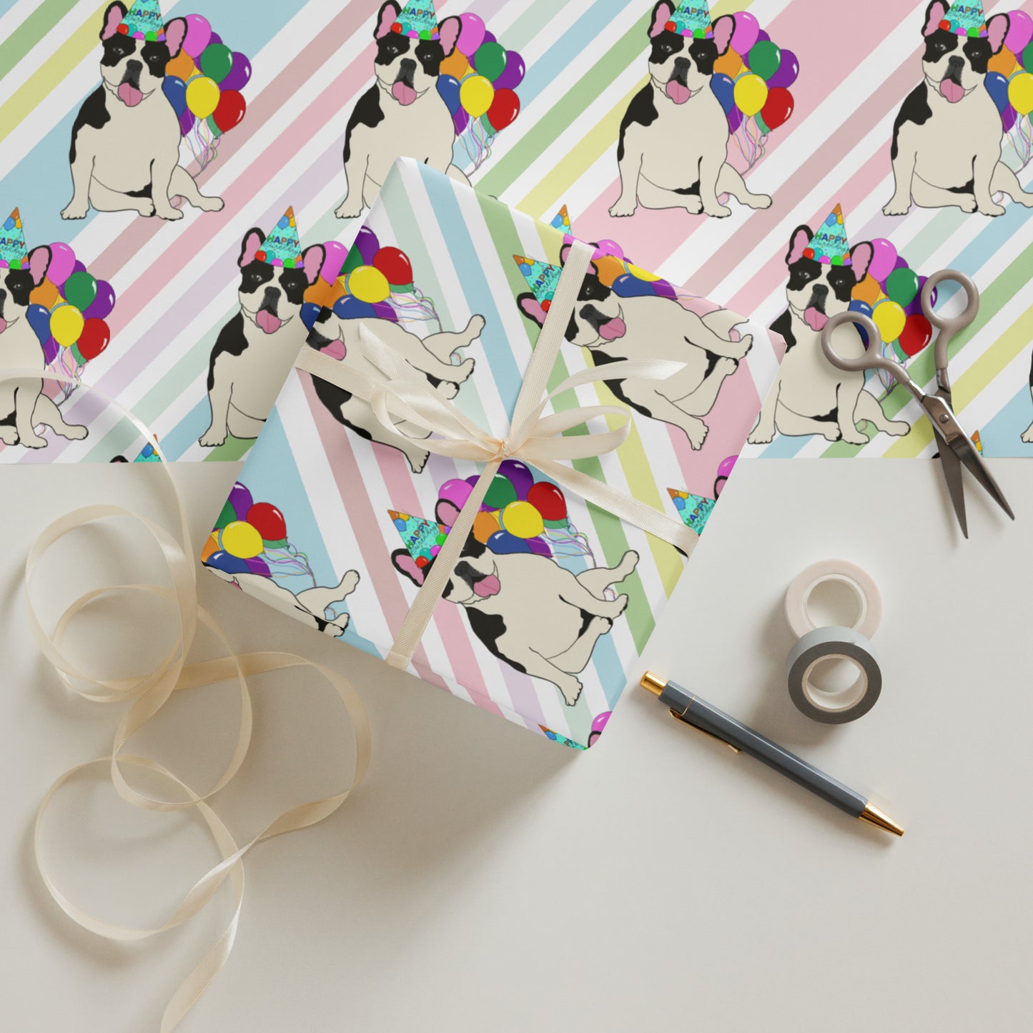 French Bulldog Birthday (Black Pied) Color Diagonal Background Wrapping Paper Sheets