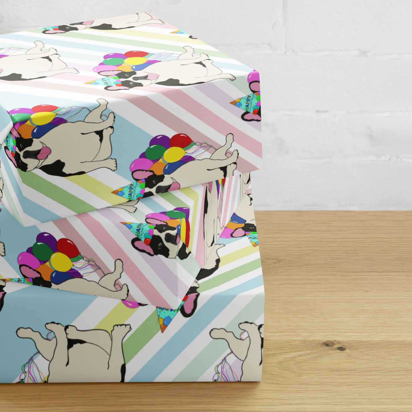 French Bulldog Birthday (Black Pied) Color Diagonal Background Wrapping Paper Sheets