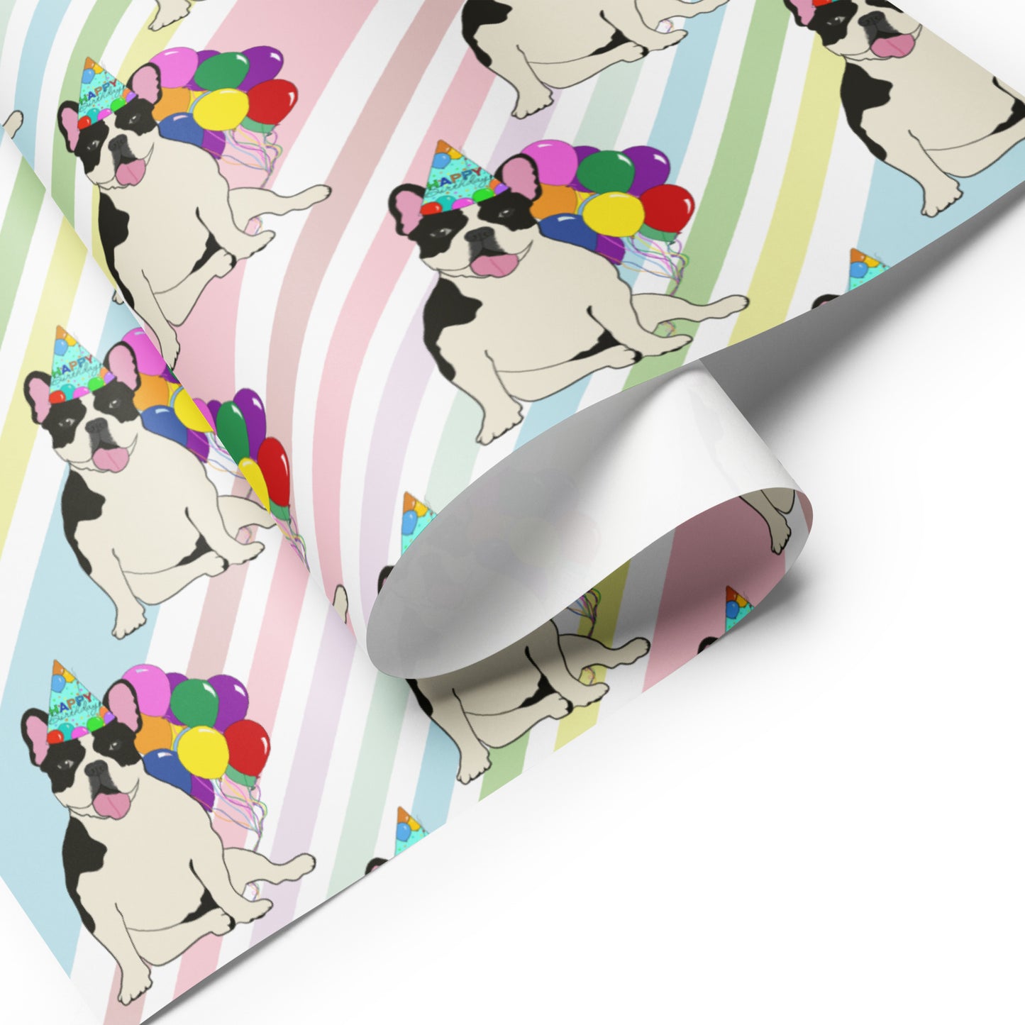 French Bulldog Birthday (Black Pied) Color Diagonal Background Wrapping Paper Sheets