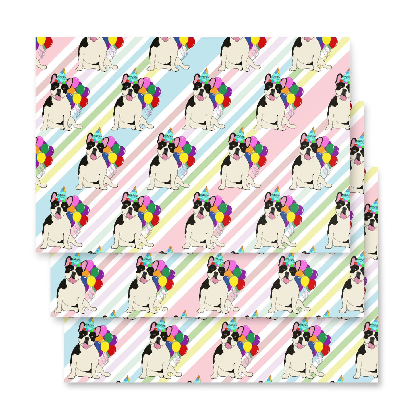 French Bulldog Birthday (Black Pied) Color Diagonal Background Wrapping Paper Sheets
