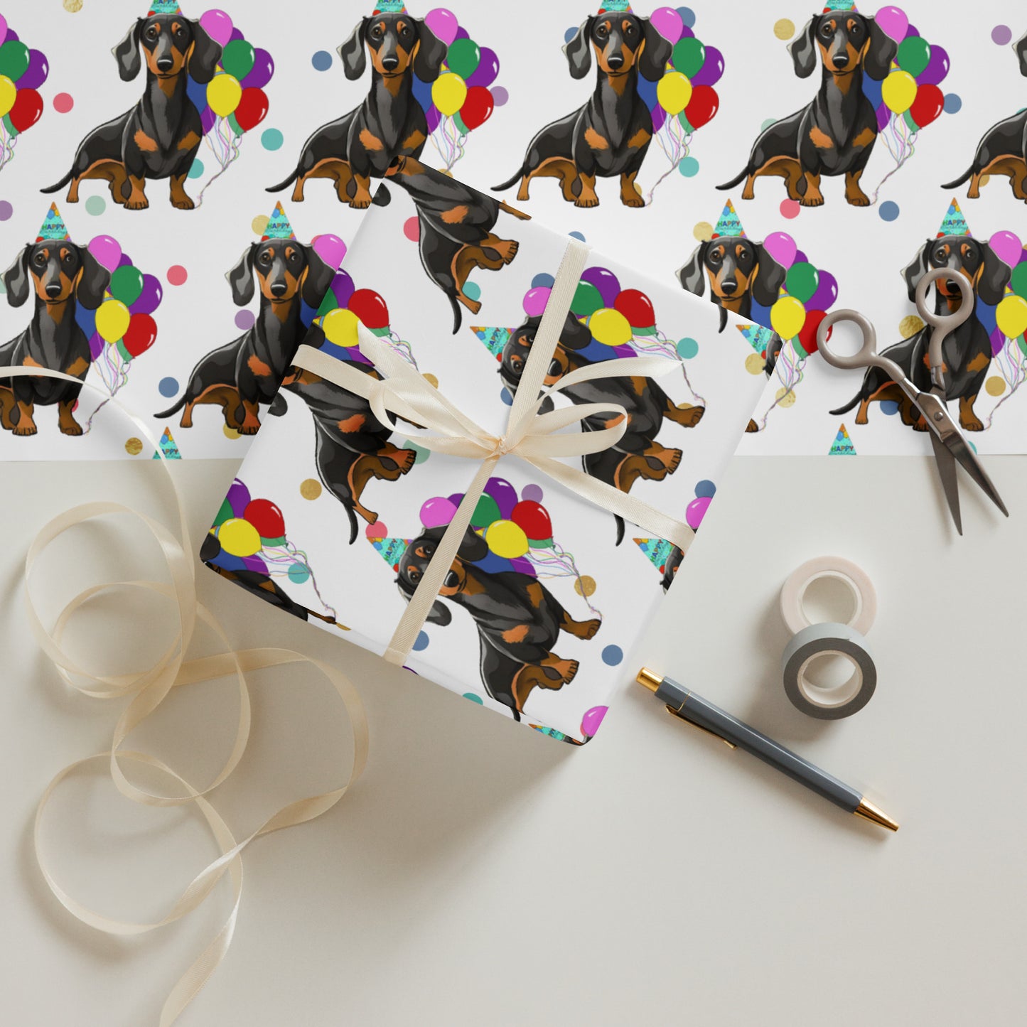 Dachshund Color Polka Dots Wrapping Paper Sheets