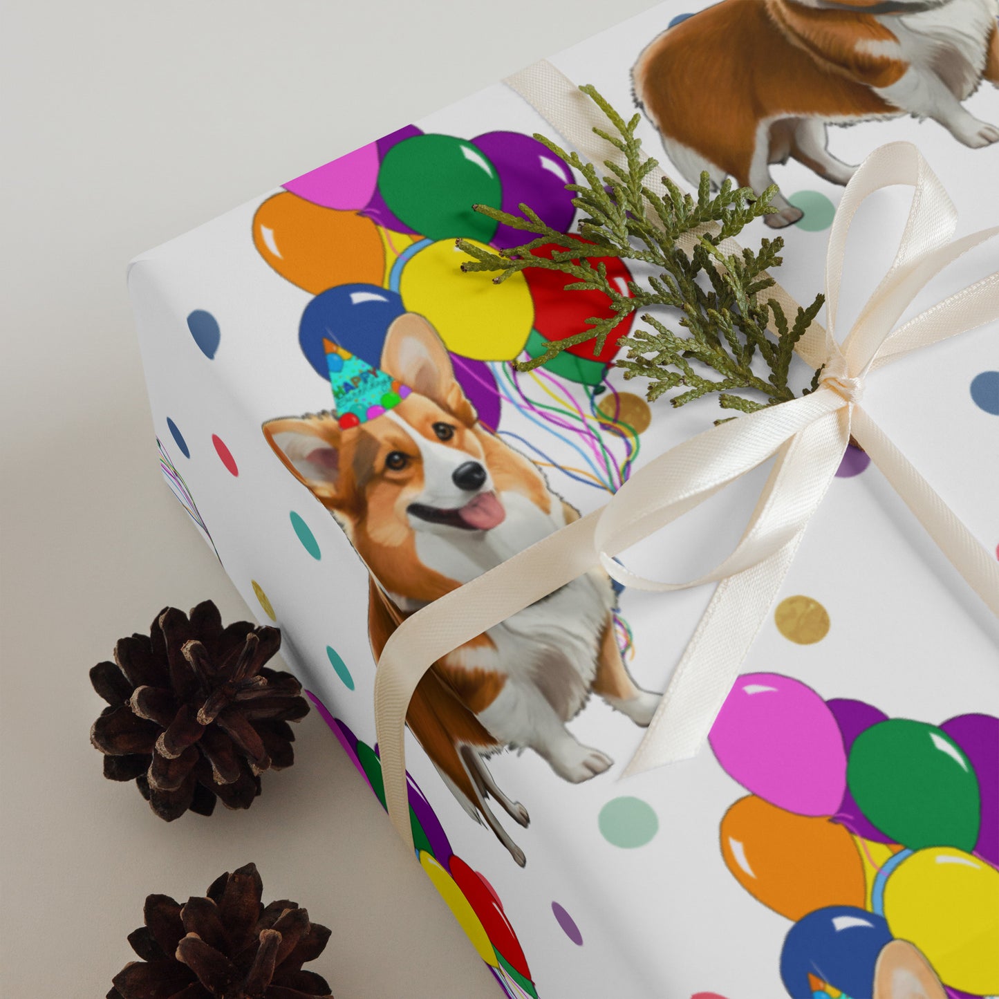Corgi Birthday Color Polka Dots Wrapping Paper Sheets