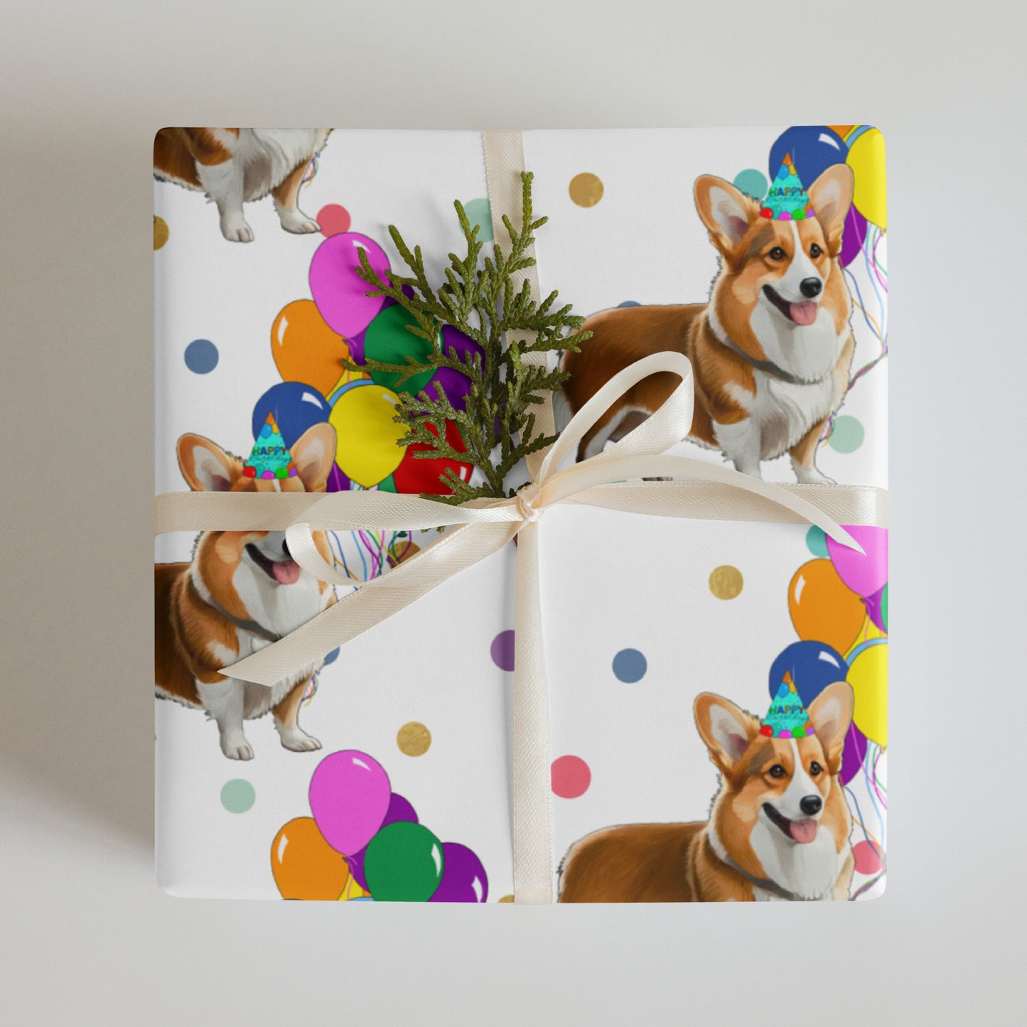 Corgi Birthday Color Polka Dots Wrapping Paper Sheets