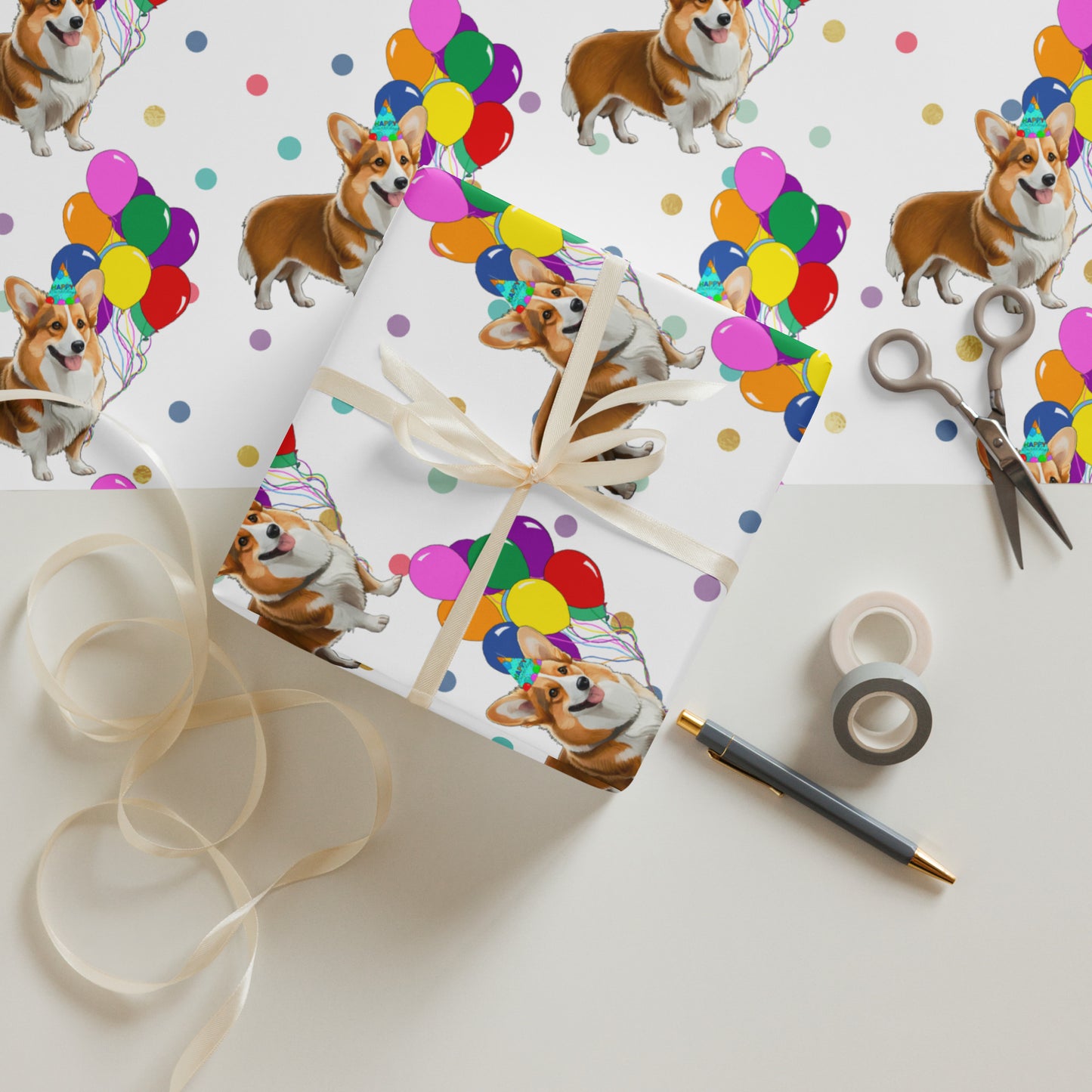 Corgi Birthday Color Polka Dots Wrapping Paper Sheets