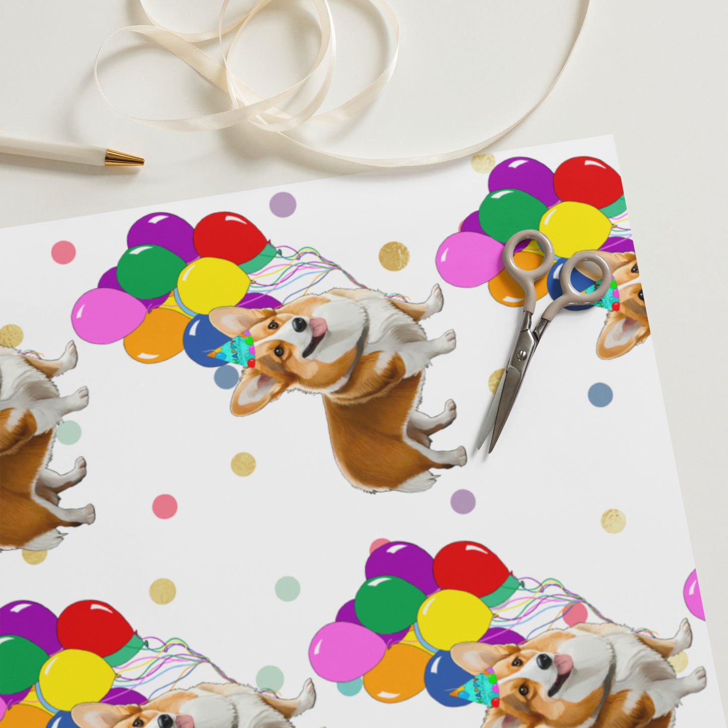 Corgi Birthday Color Polka Dots Wrapping Paper Sheets