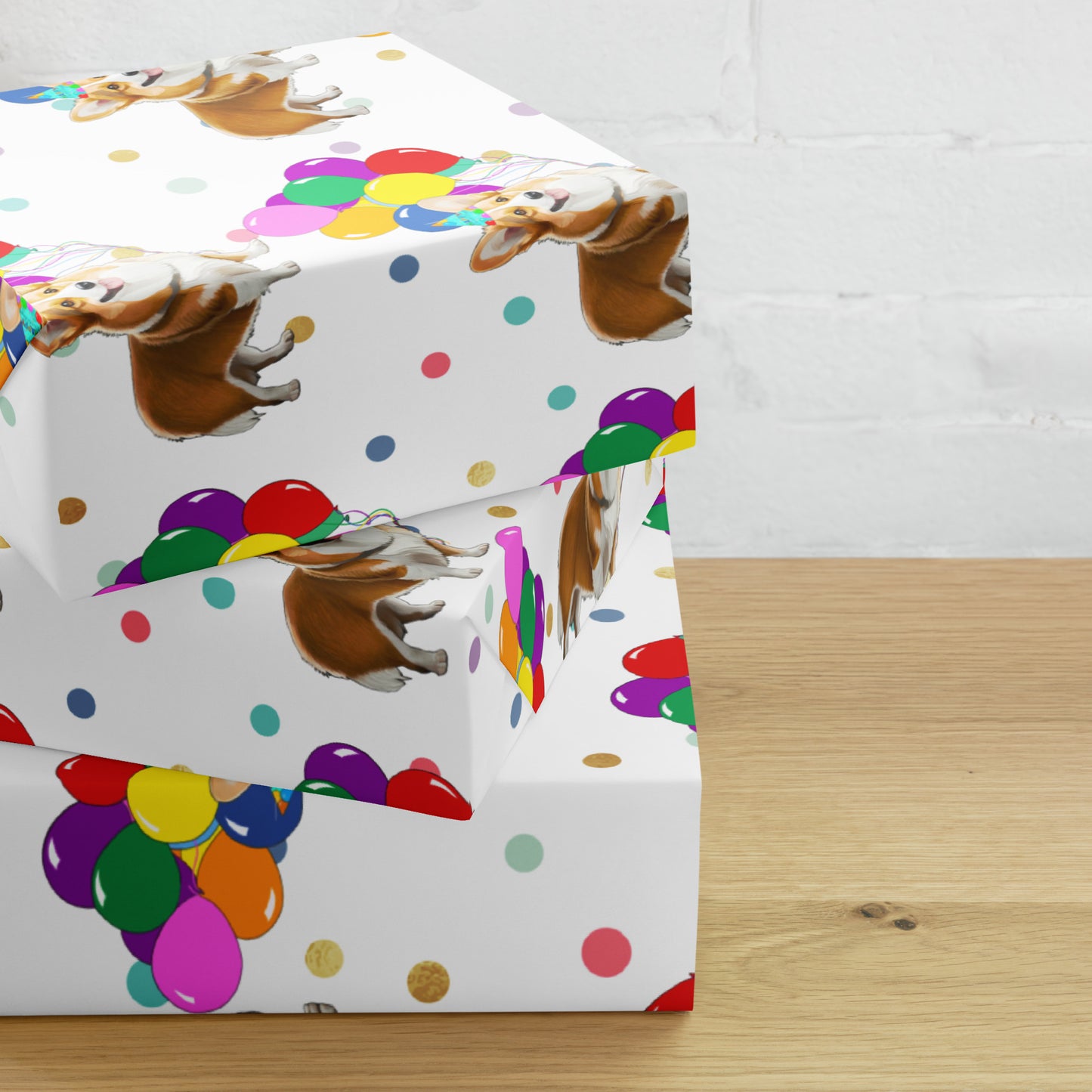 Corgi Birthday Color Polka Dots Wrapping Paper Sheets