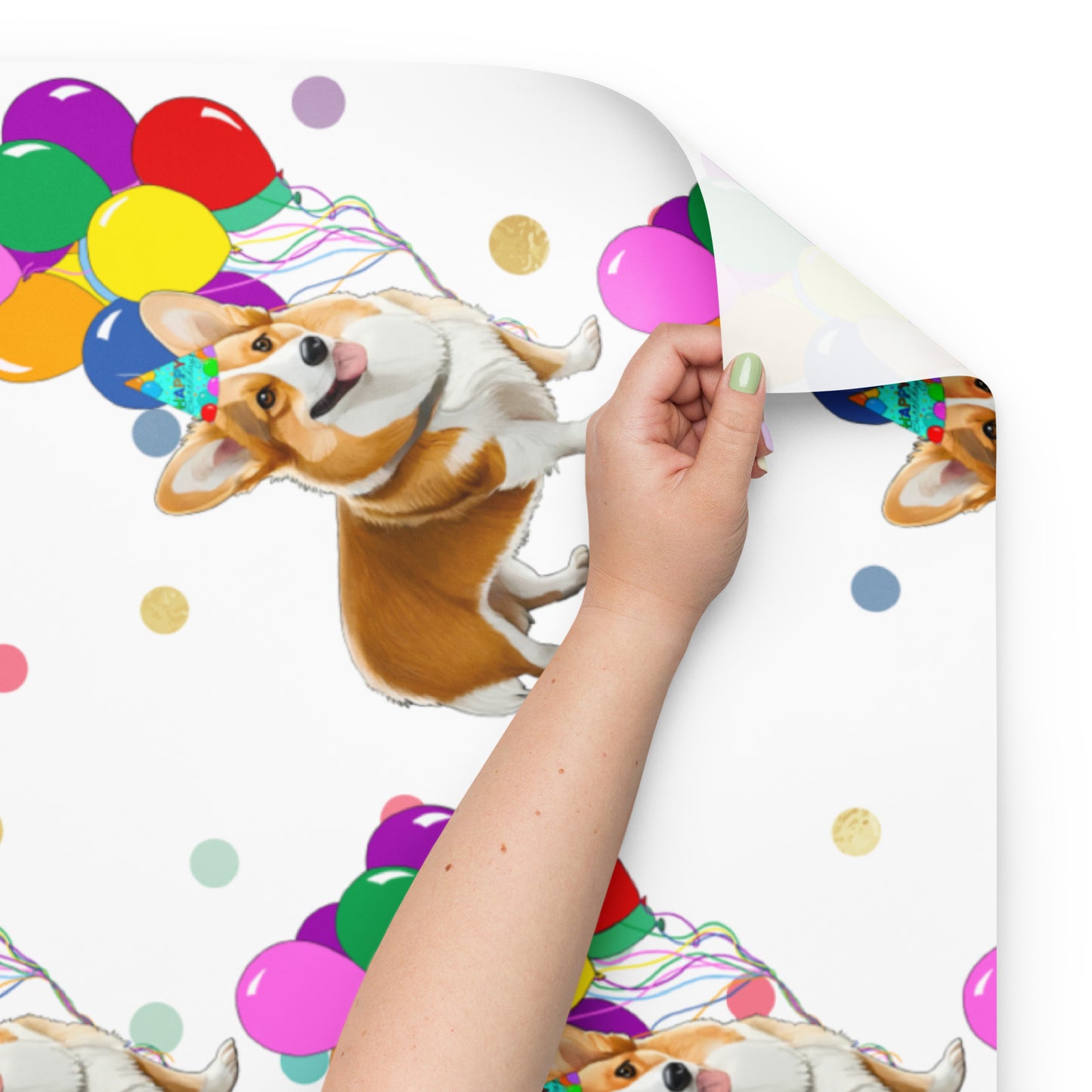 Corgi Birthday Color Polka Dots Wrapping Paper Sheets