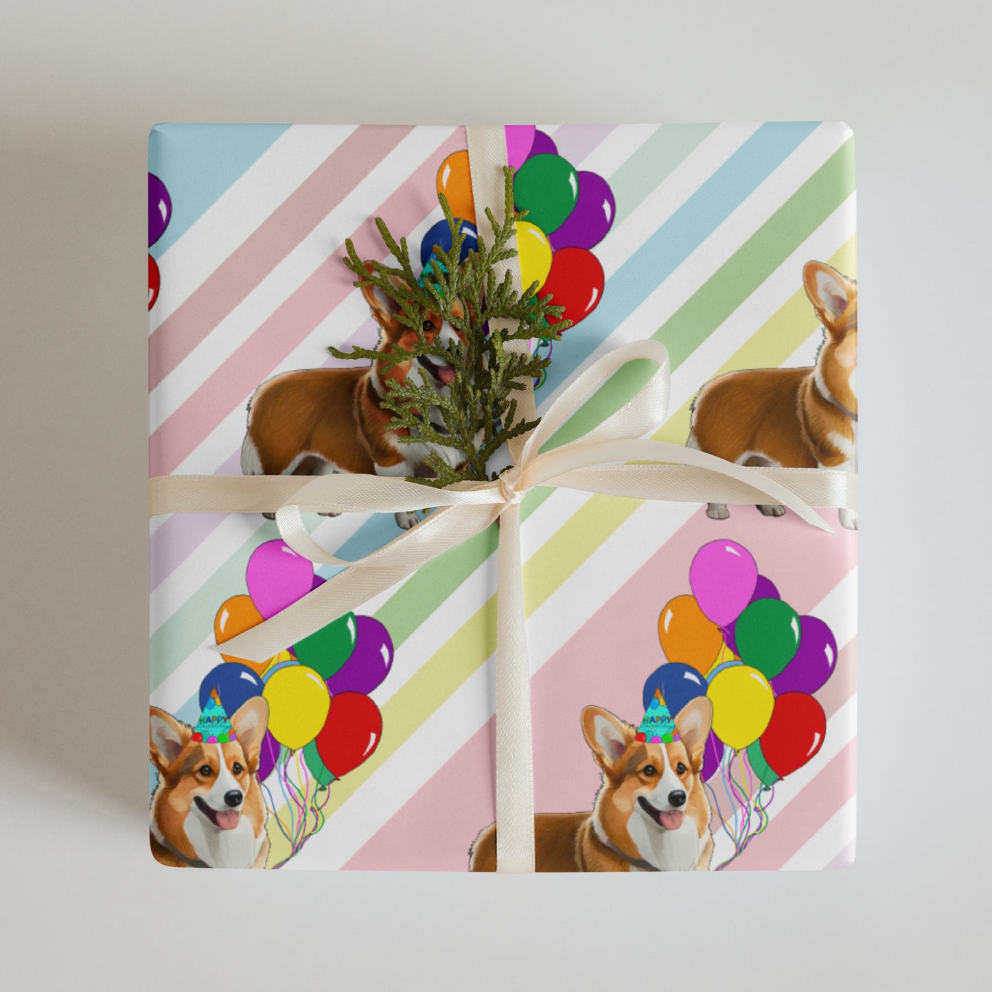 Corgi Birthday Diagonal Stripe Wrapping Paper Sheets