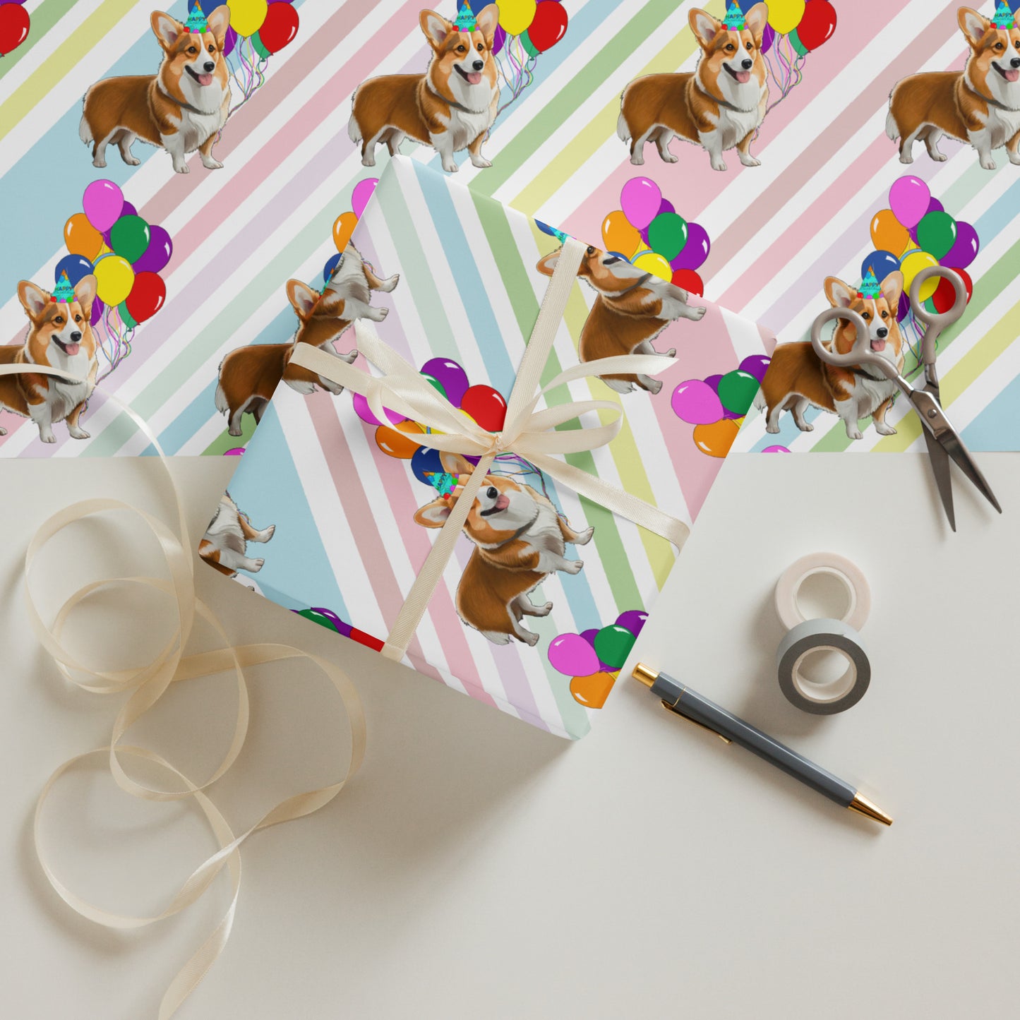 Corgi Birthday Diagonal Stripe Wrapping Paper Sheets