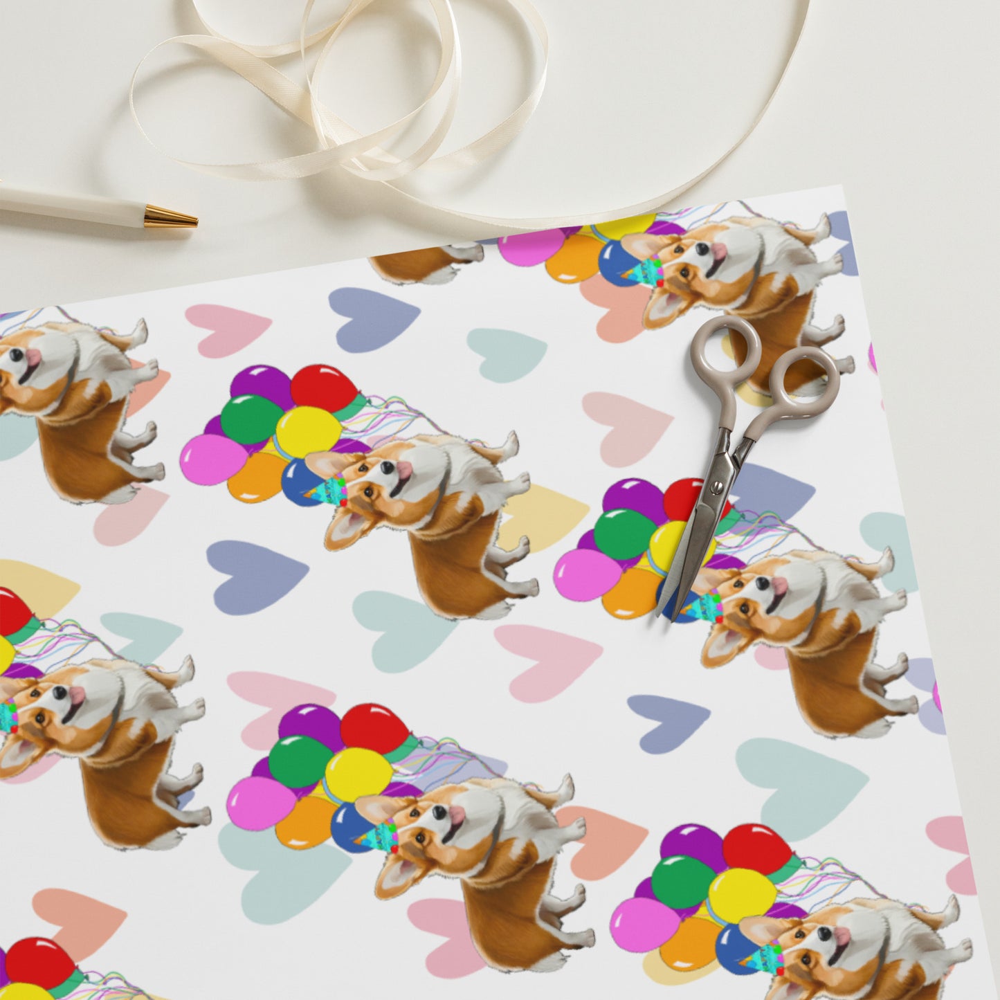 Corgi Birthday Color Hearts Wrapping PaperSheets