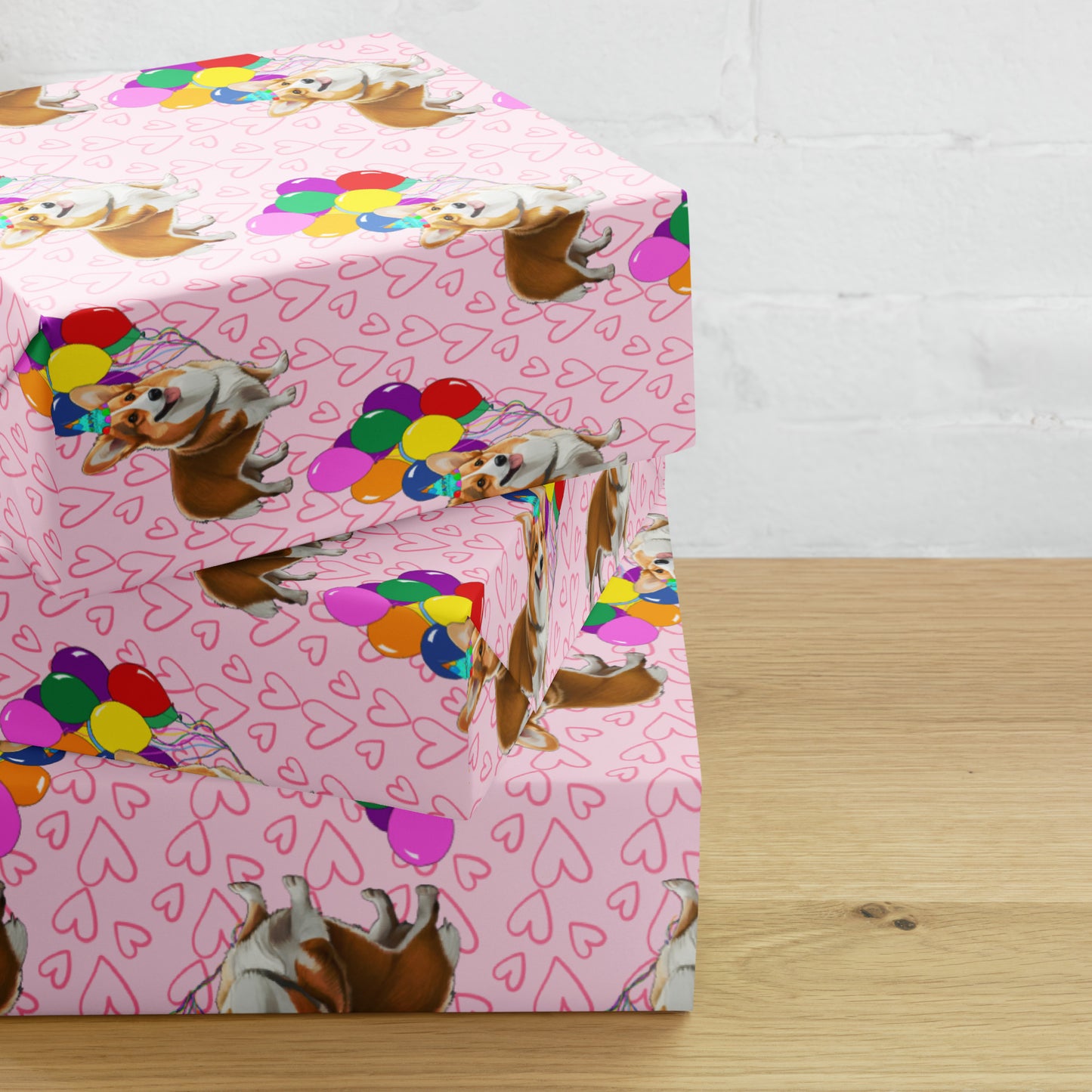 Corgi Birthday Pink Color Hearts Wrapping Paper - Sheets