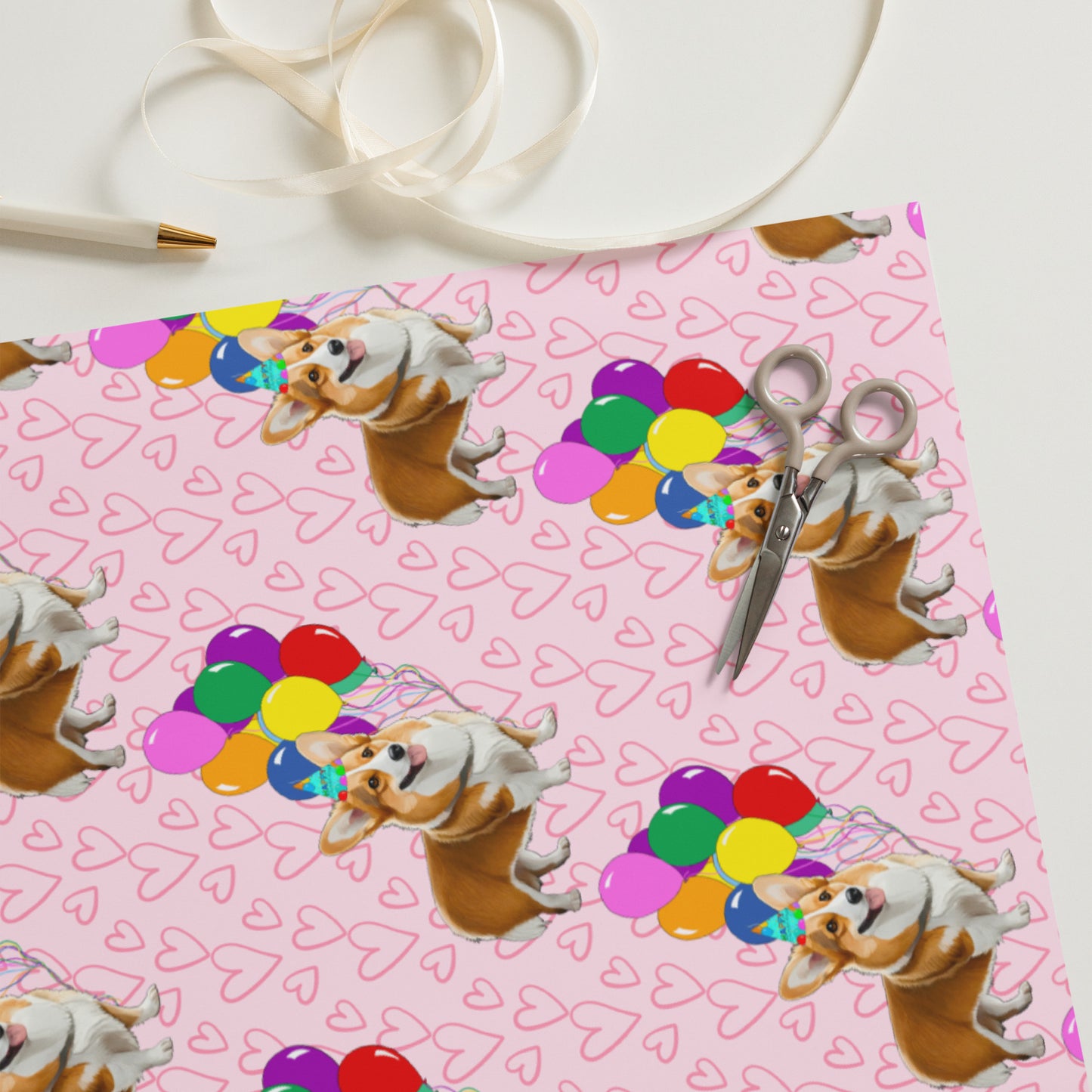 Corgi Birthday Pink Color Hearts Wrapping Paper - Sheets